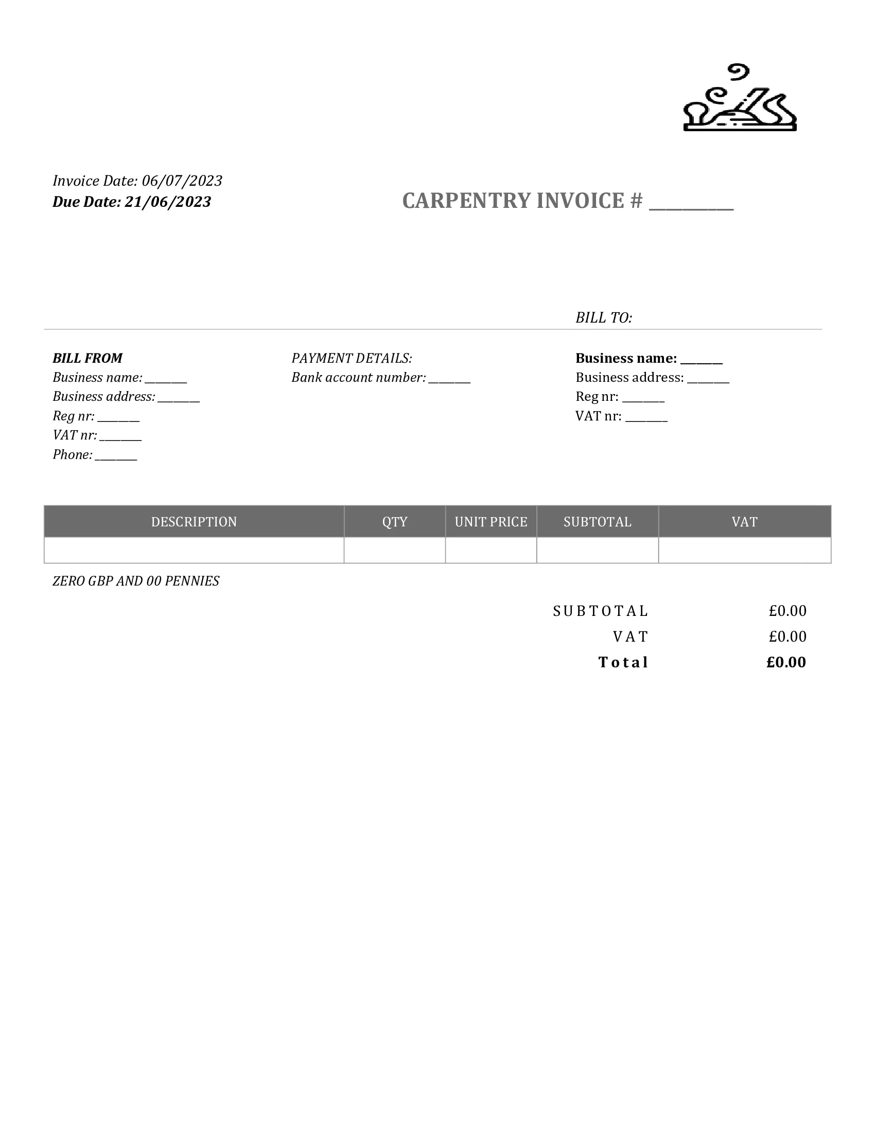 standart carpentry invoice template UK Word / Google docs