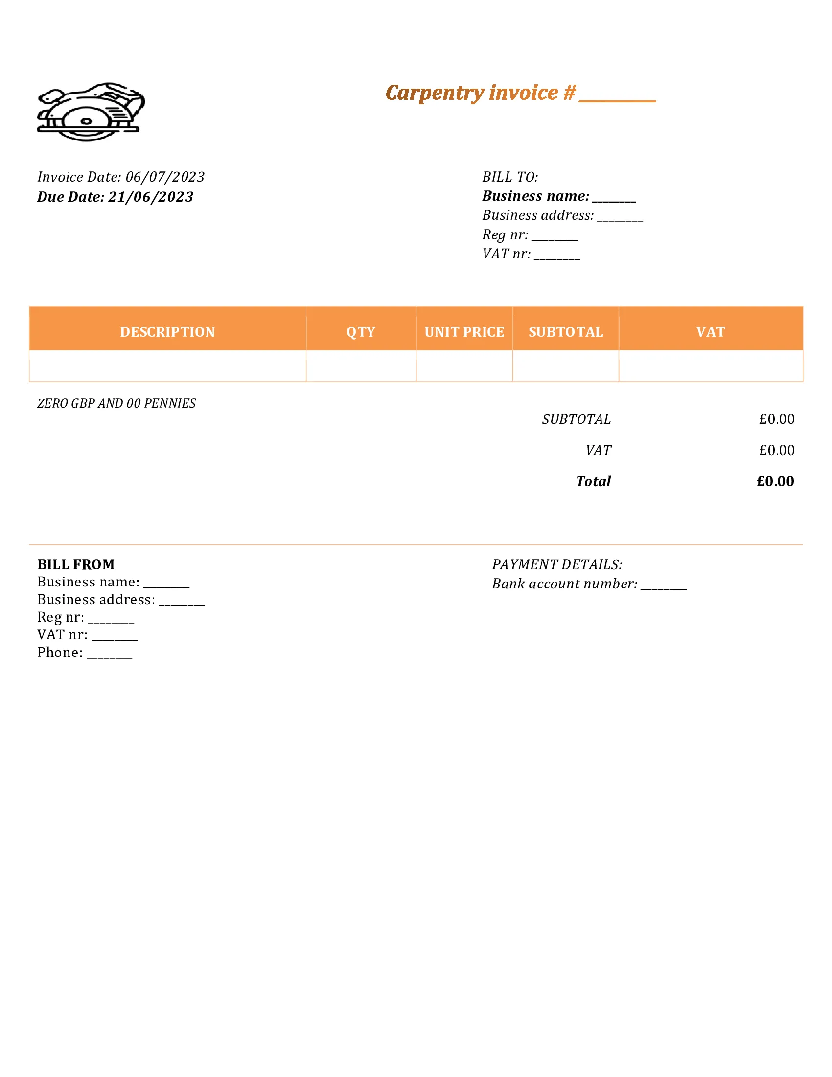 personal carpentry invoice template UK Word / Google docs