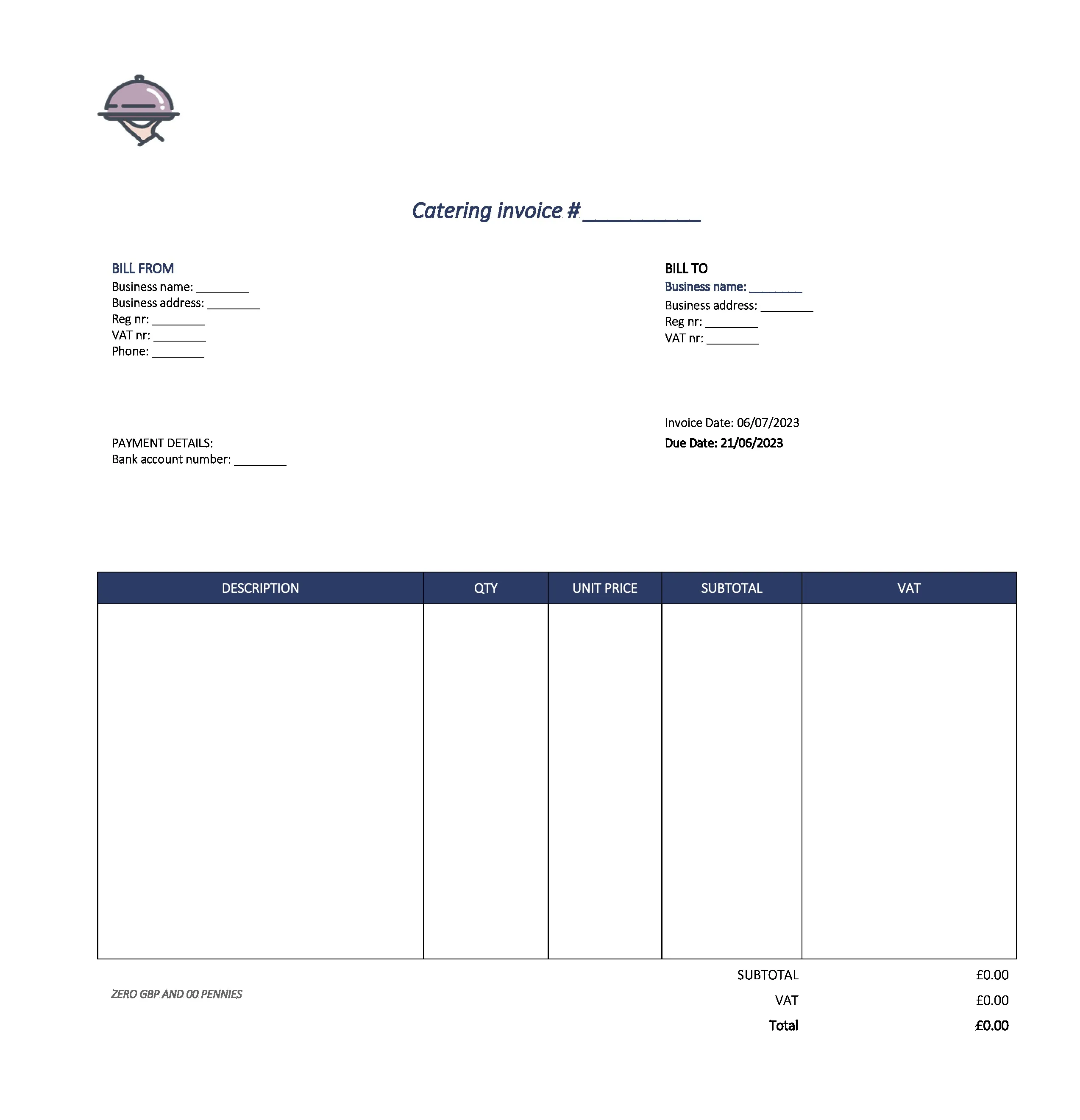 detailed catering invoice template UK Excel / Google sheets