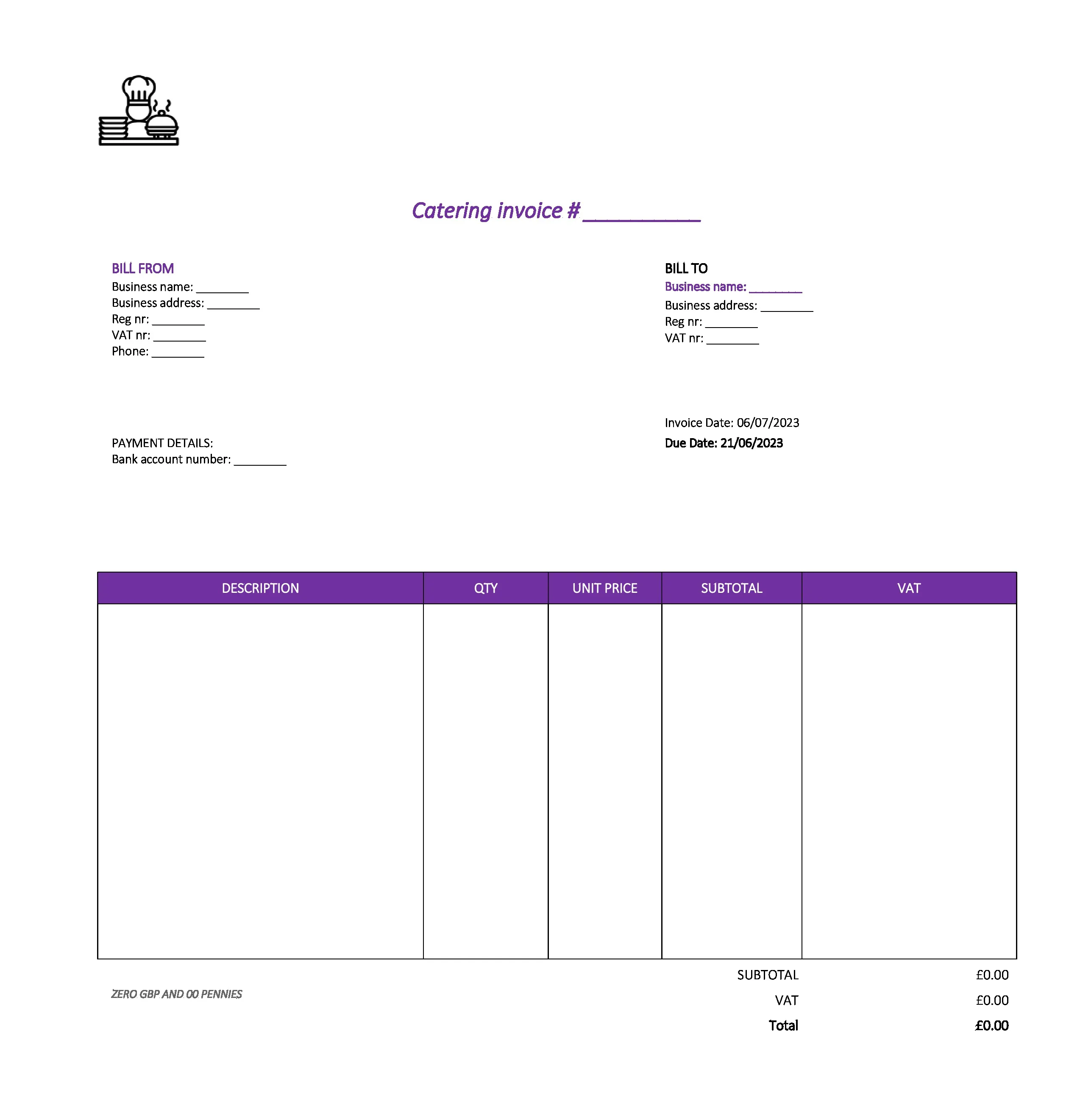 pretty catering invoice template UK Excel / Google sheets