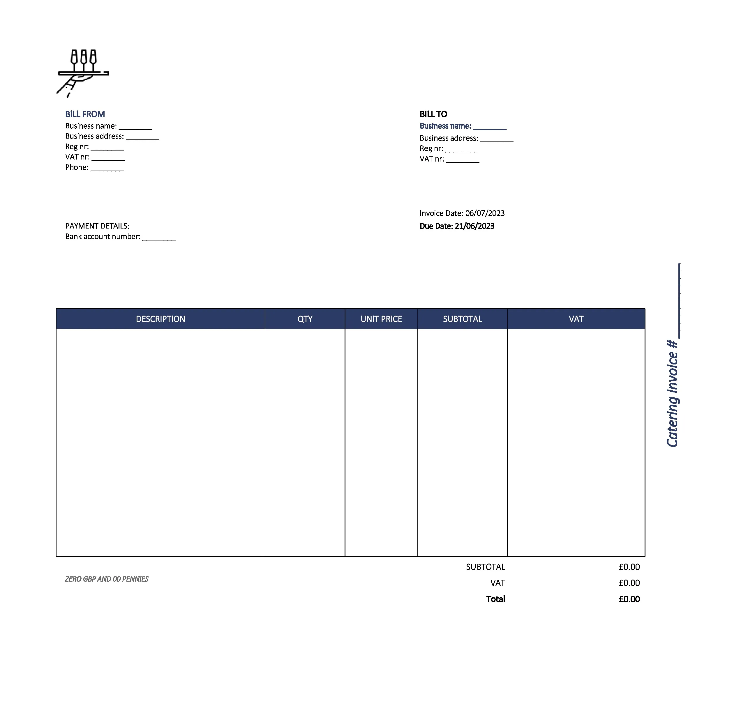 beautiful catering invoice template UK Excel / Google sheets