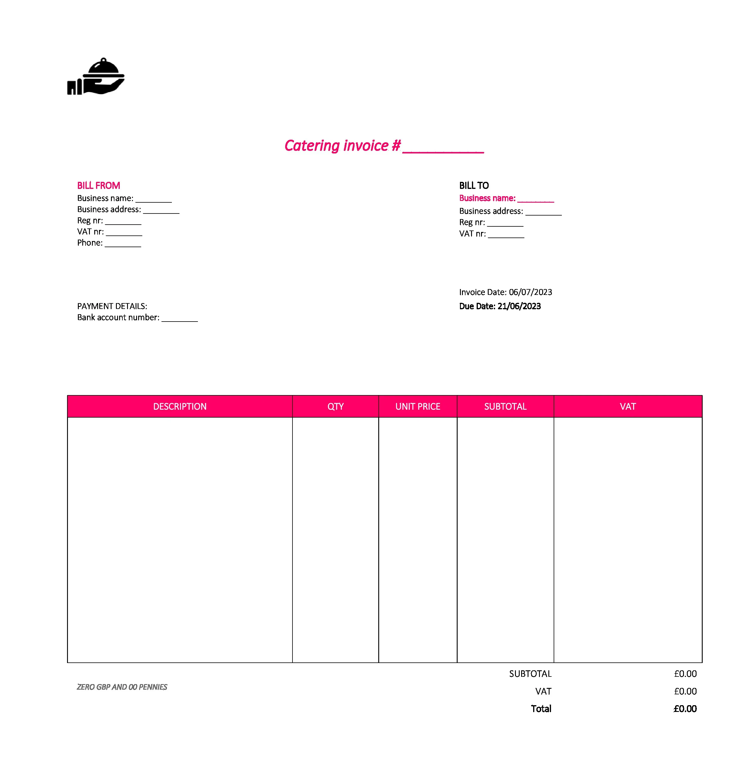 nice catering invoice template UK Excel / Google sheets