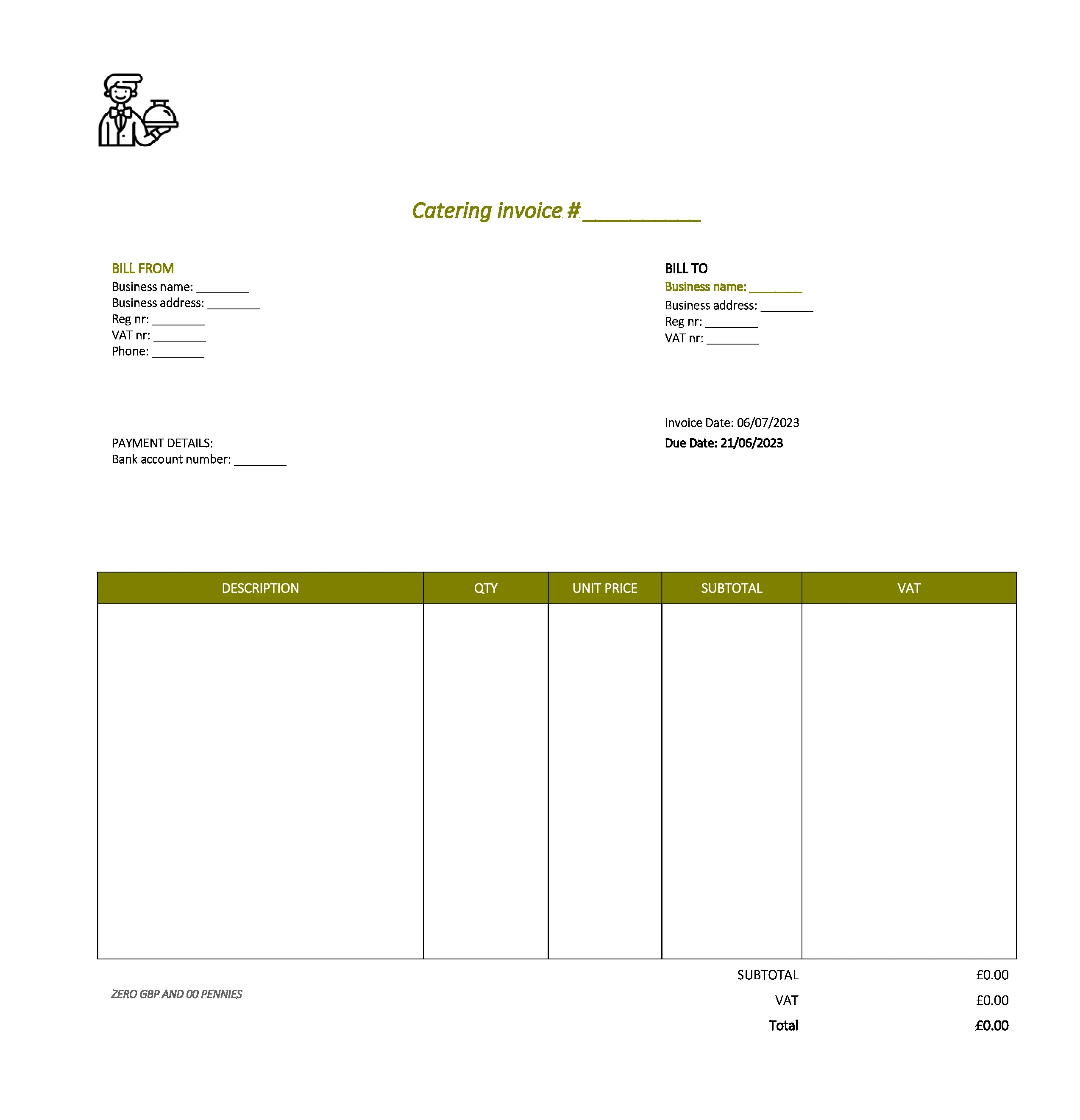 minimalist catering invoice template UK Excel / Google sheets