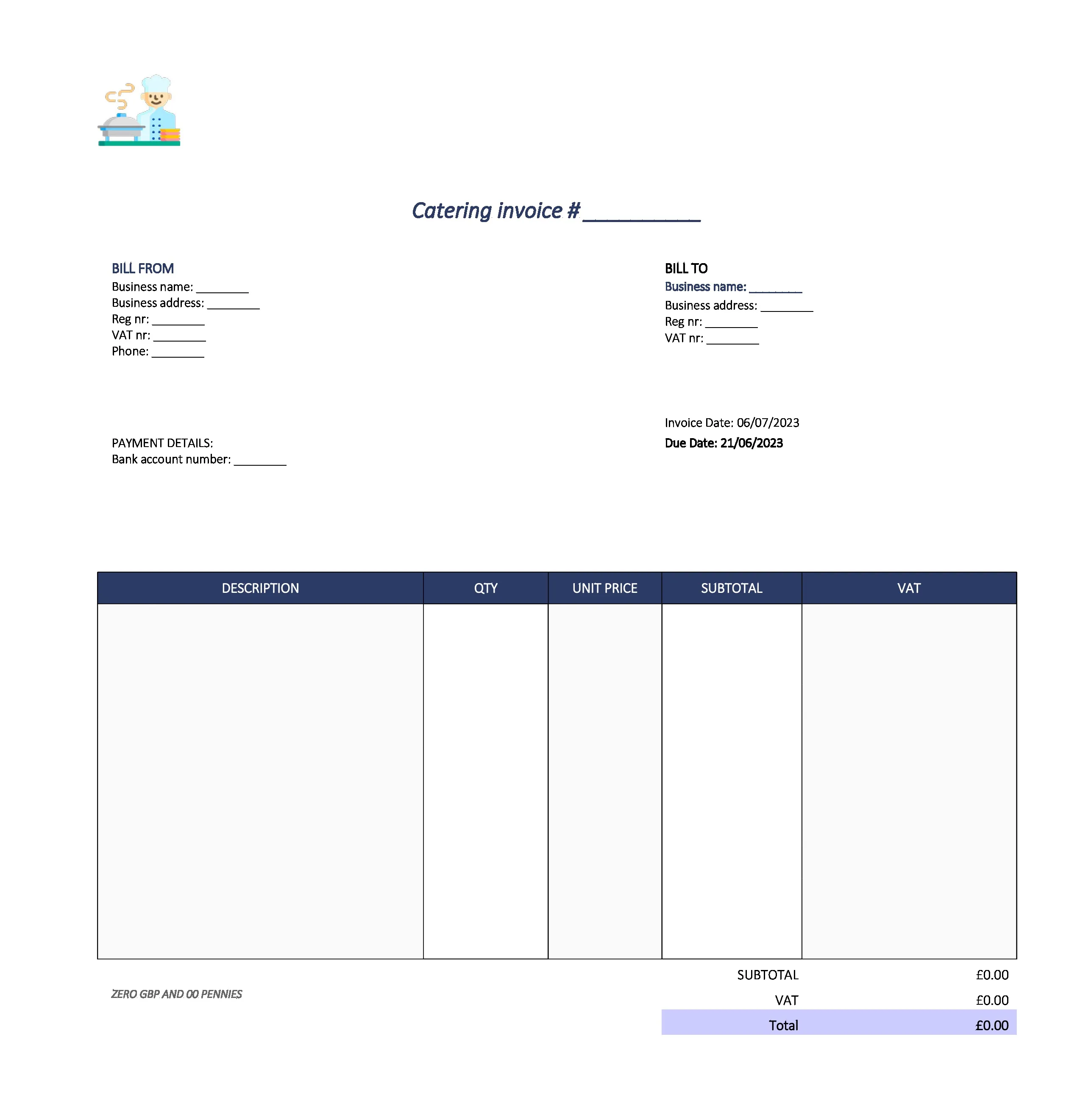 cute catering invoice template UK Excel / Google sheets