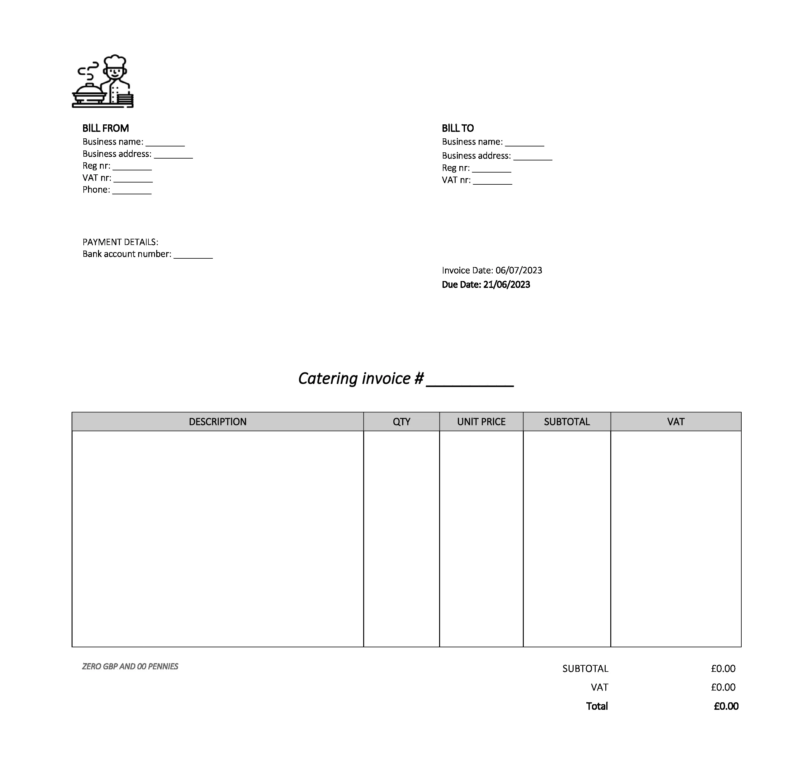 empty catering invoice template UK Excel / Google sheets
