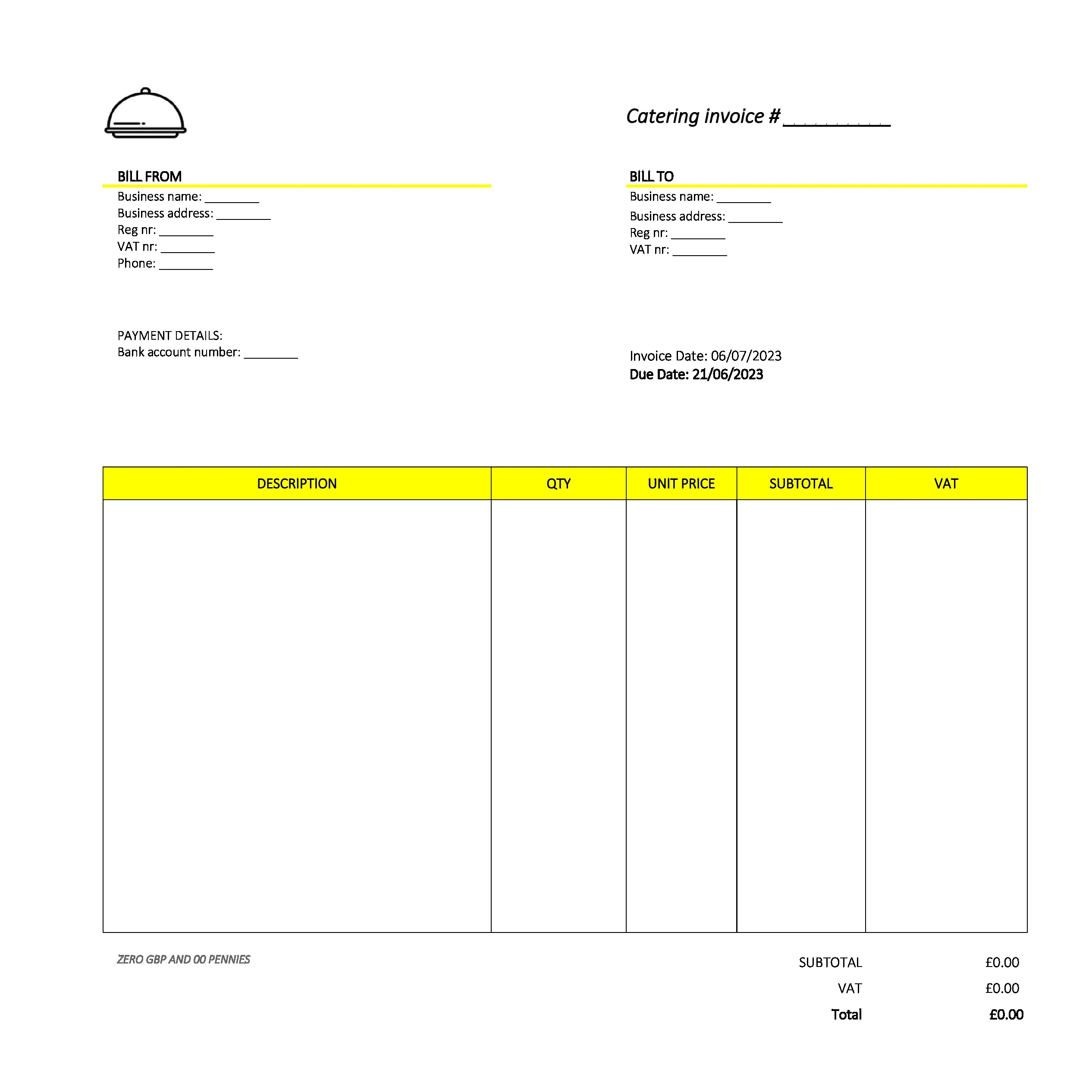 formal catering invoice template UK Excel / Google sheets