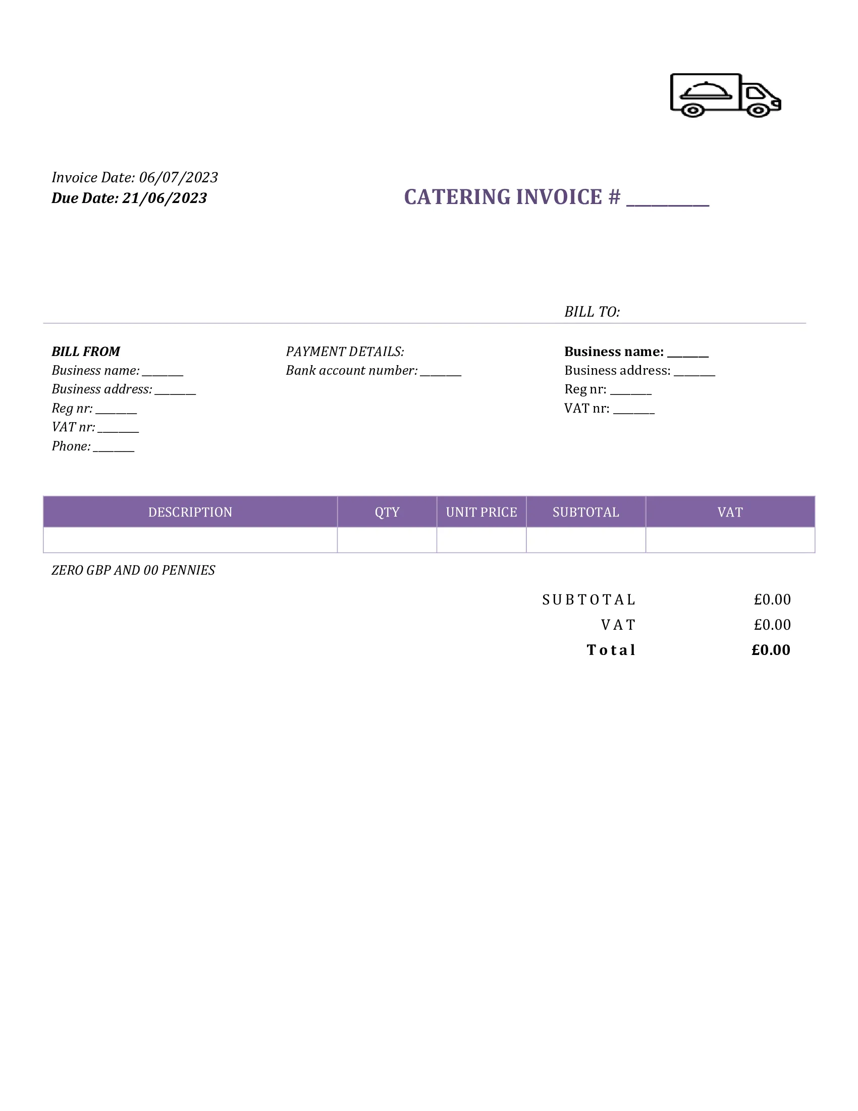 fillable catering invoice template UK Word / Google docs