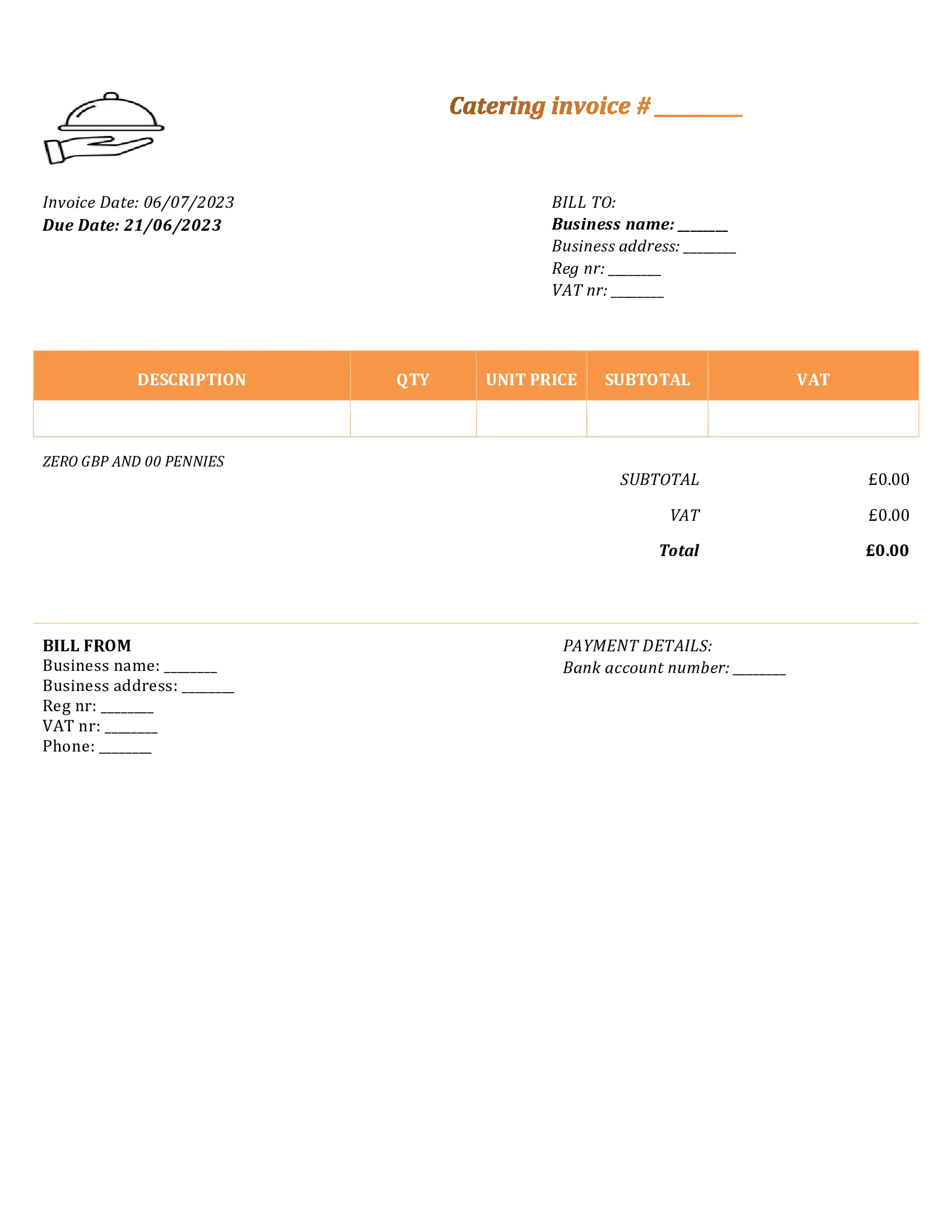 personal catering invoice template UK Word / Google docs