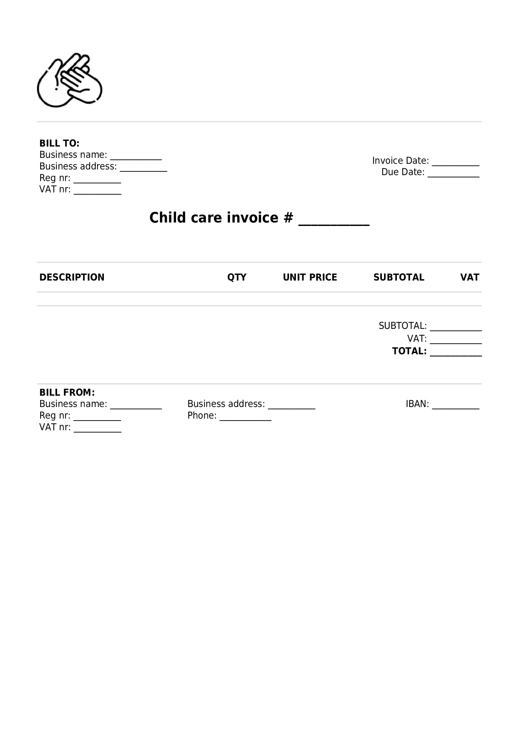 Simple Child Care Invoice Template UK PDF Simple Child Care Invoice Template UK PDF