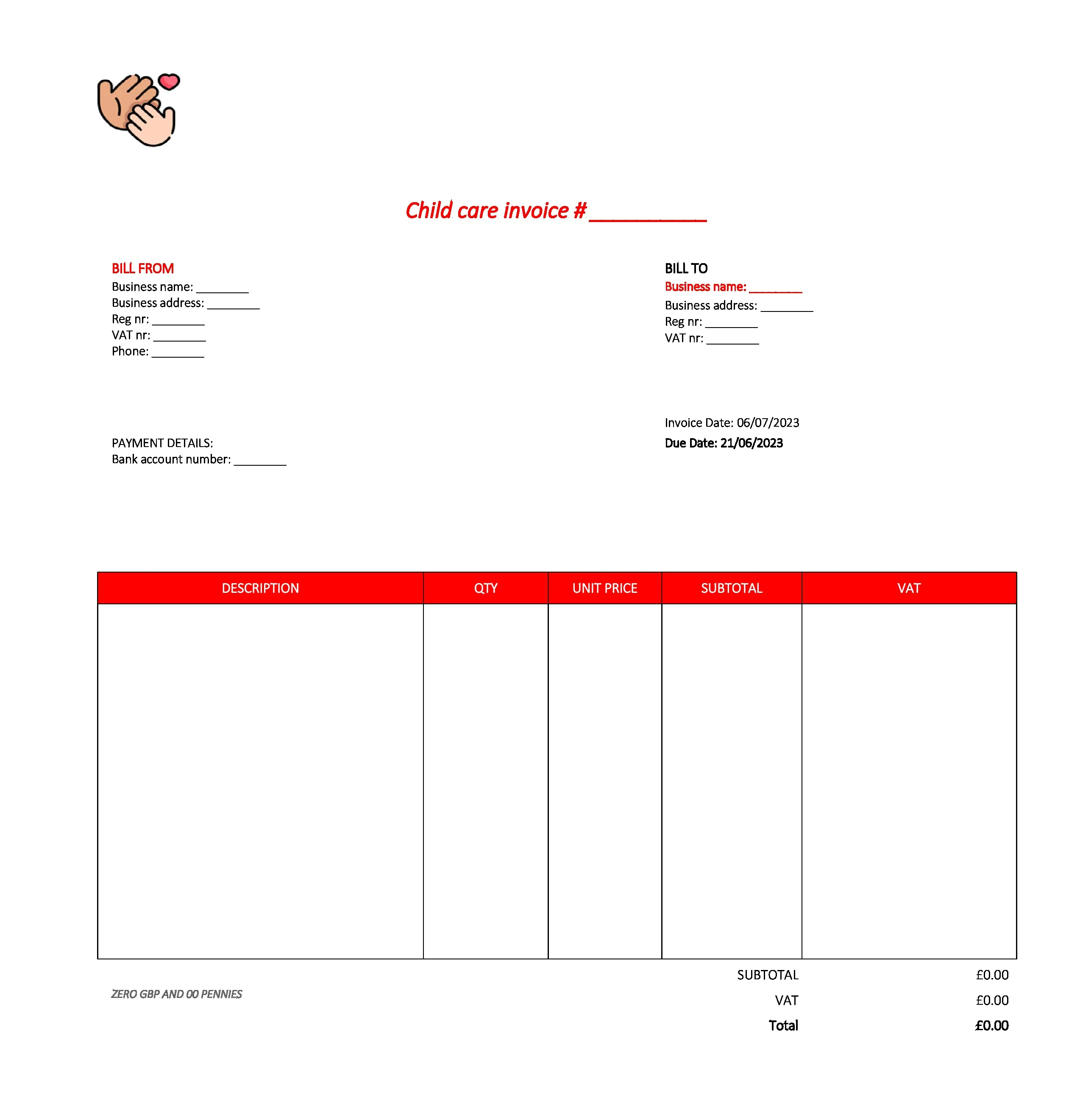 professional child care invoice template UK Excel / Google sheets