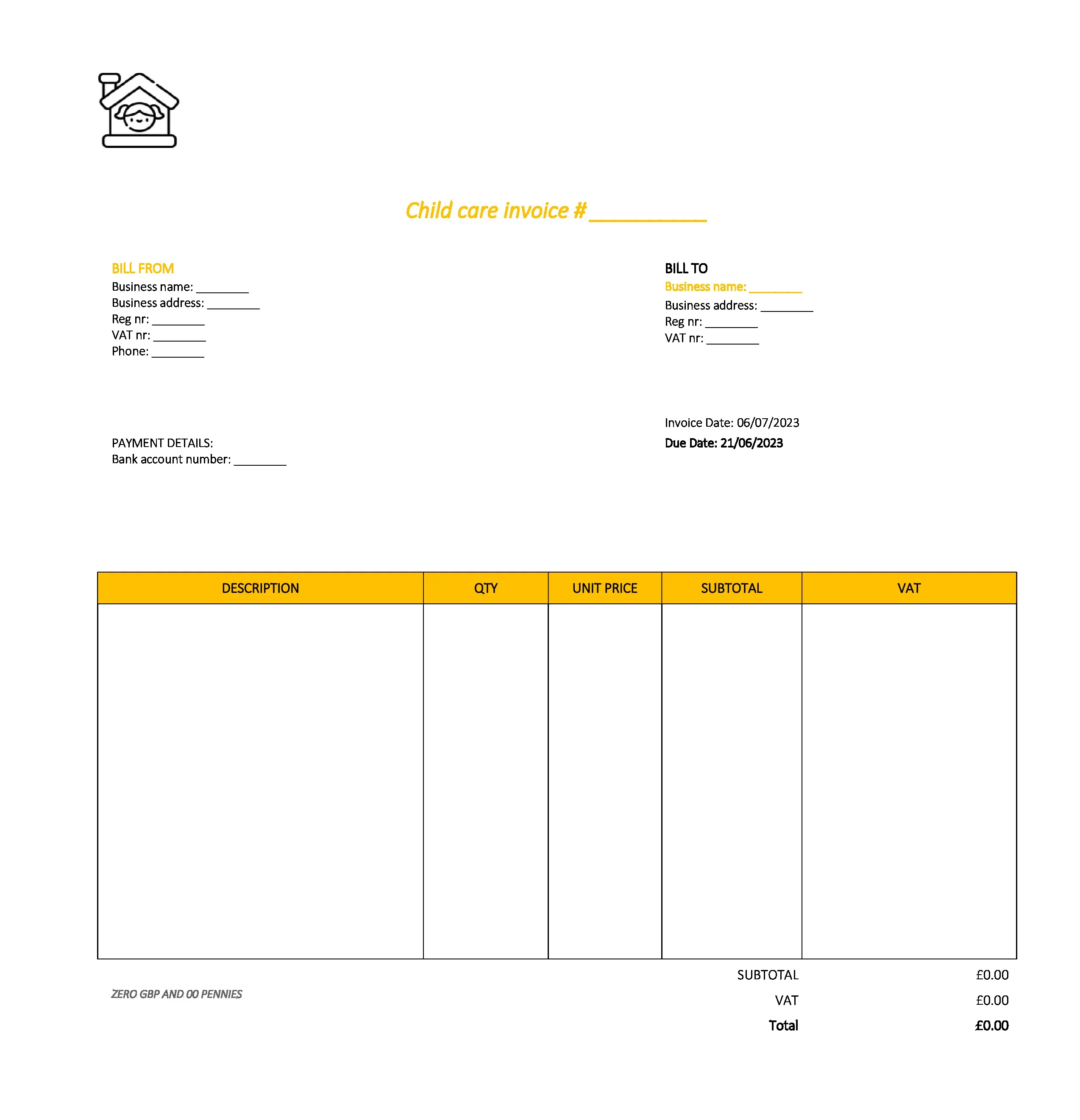 draft child care invoice template UK Excel / Google sheets