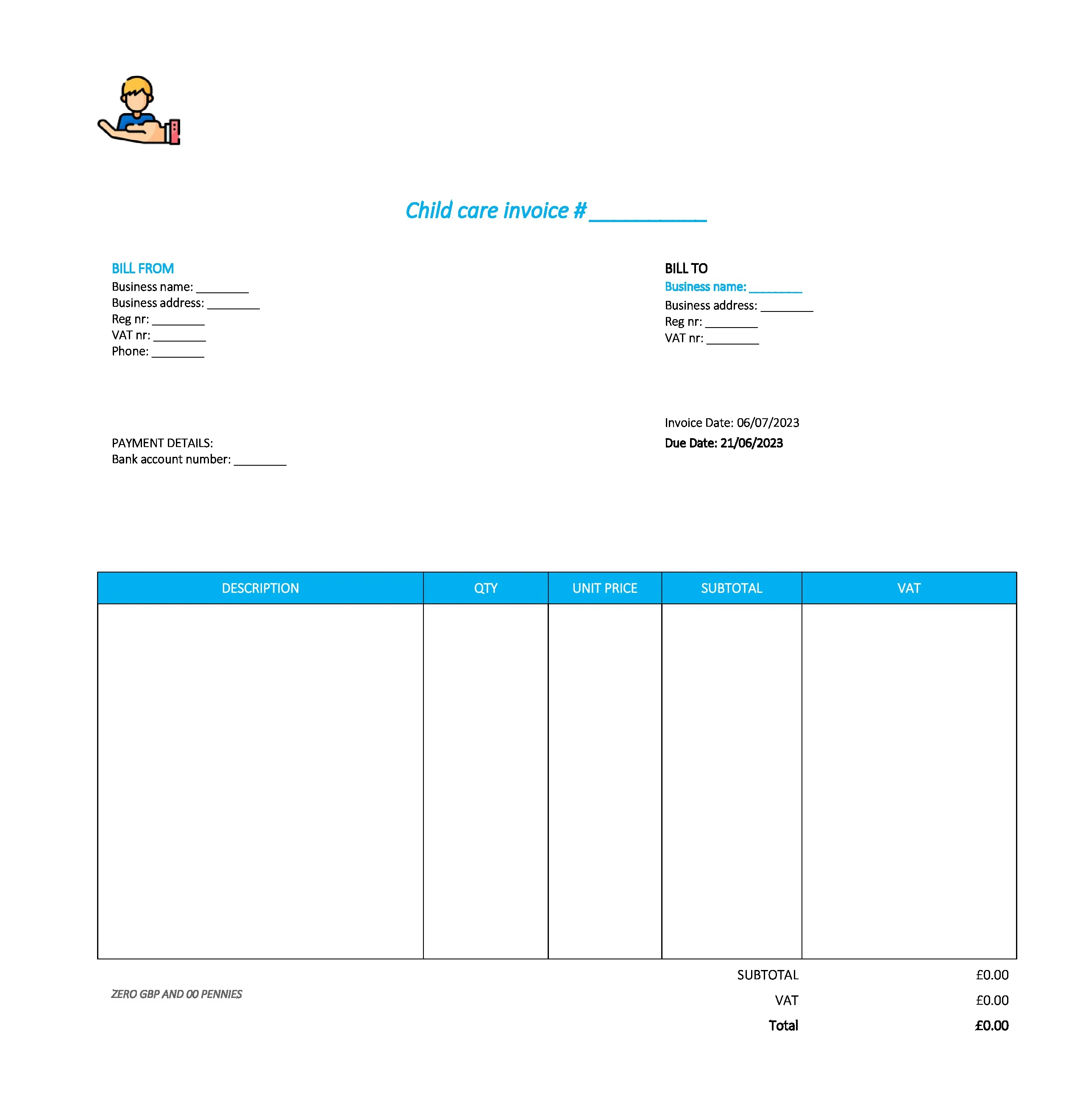 good child care invoice template UK Excel / Google sheets