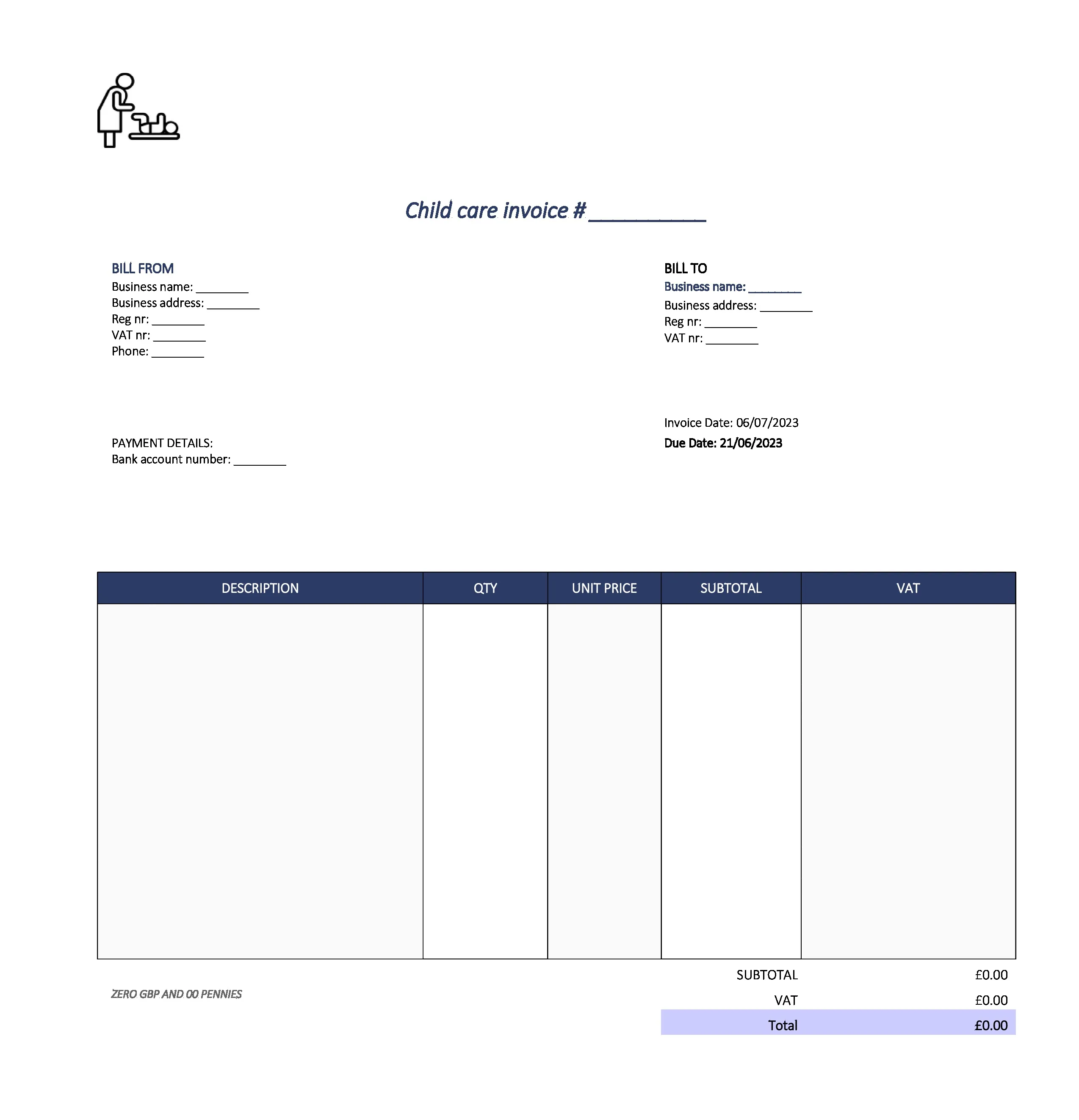 cute child care invoice template UK Excel / Google sheets