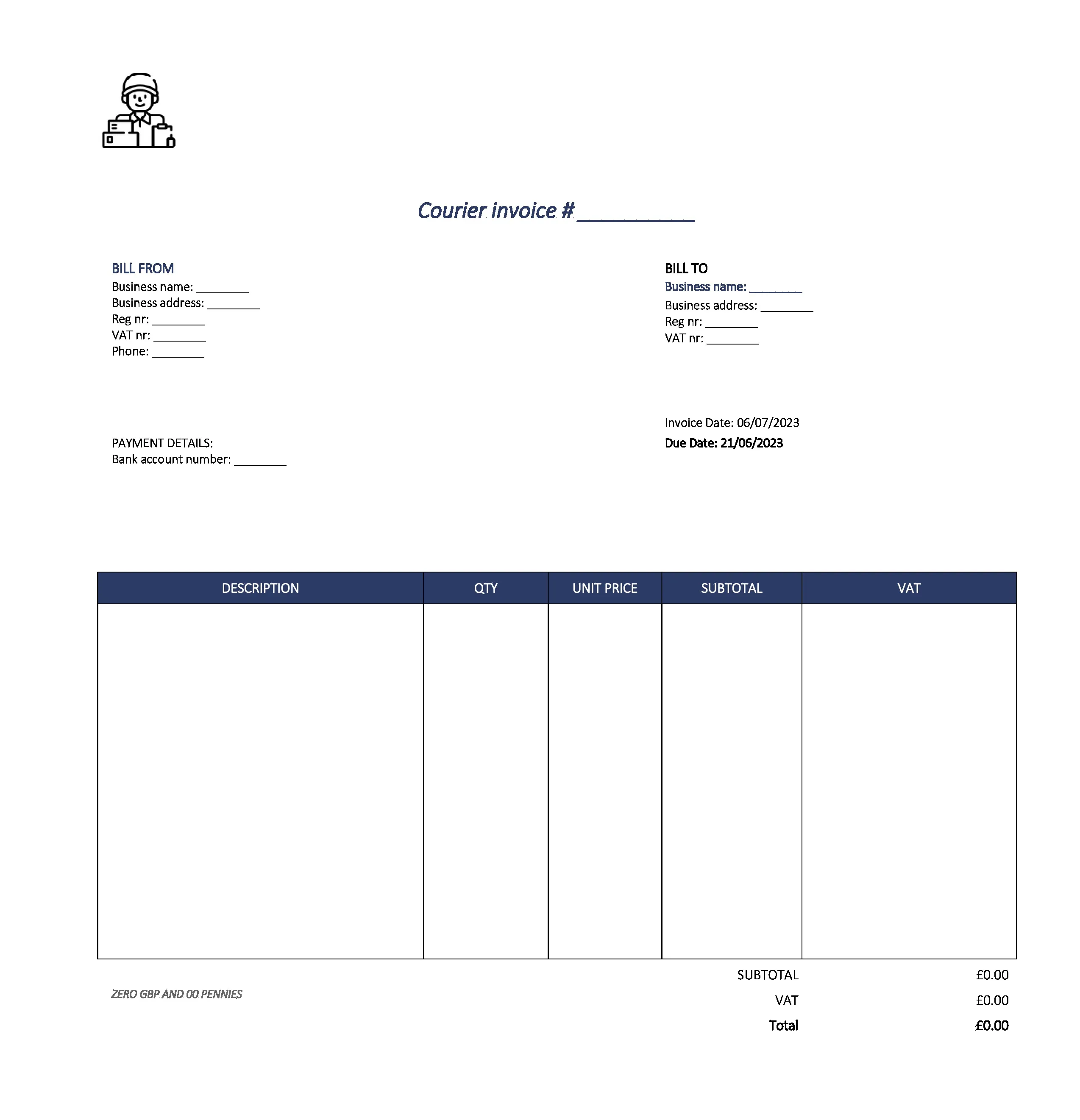 detailed courier invoice template UK Excel / Google sheets