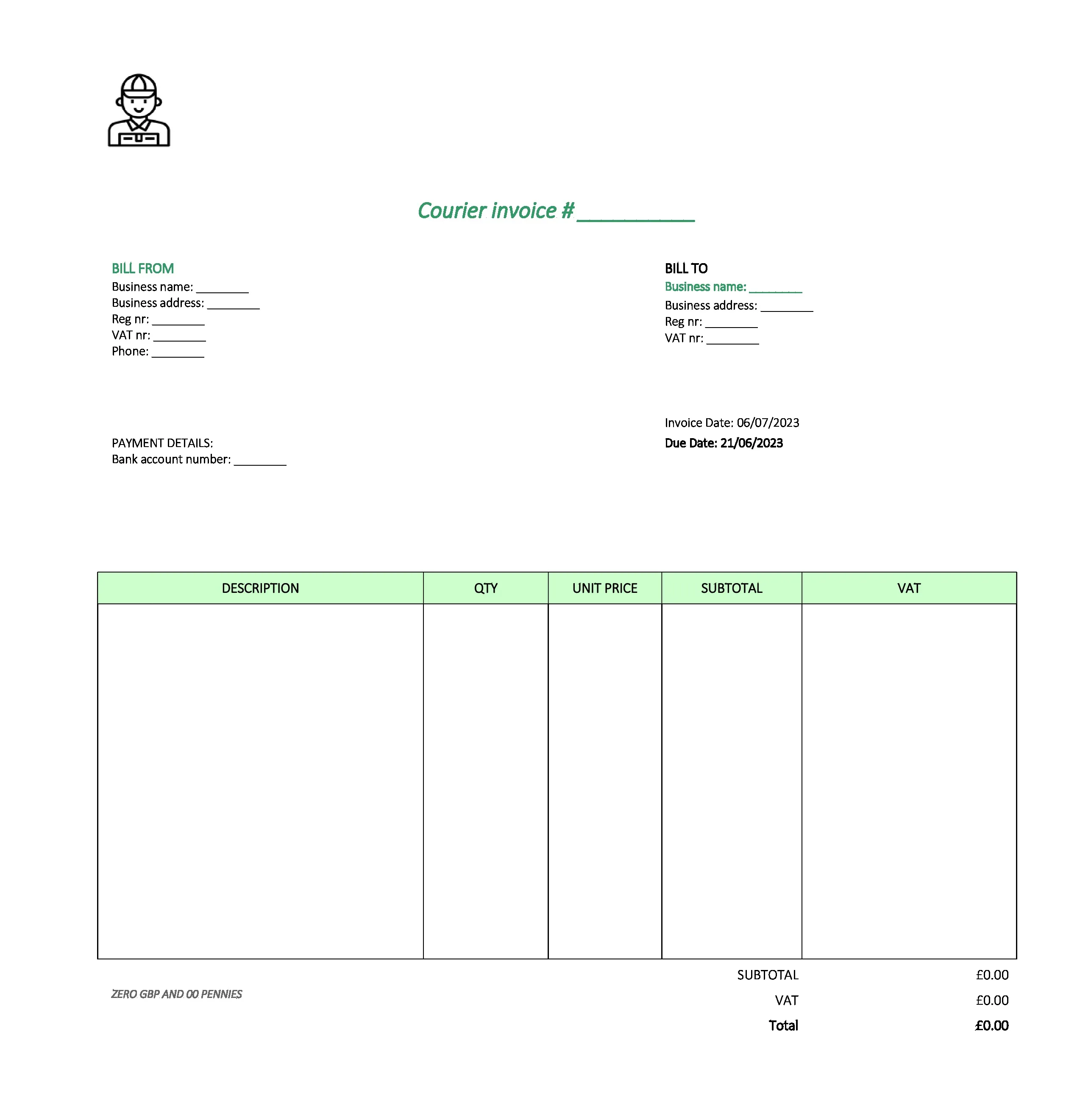 with logo courier invoice template UK Excel / Google sheets