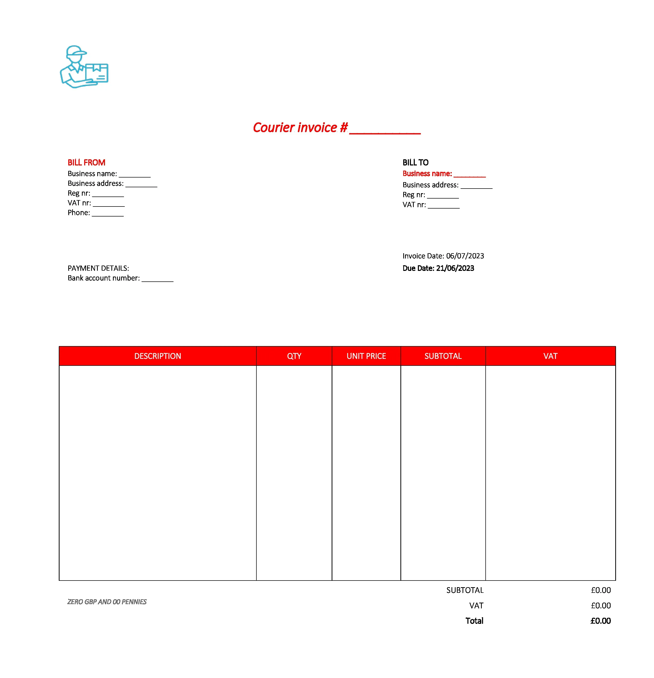 professional courier invoice template UK Excel / Google sheets