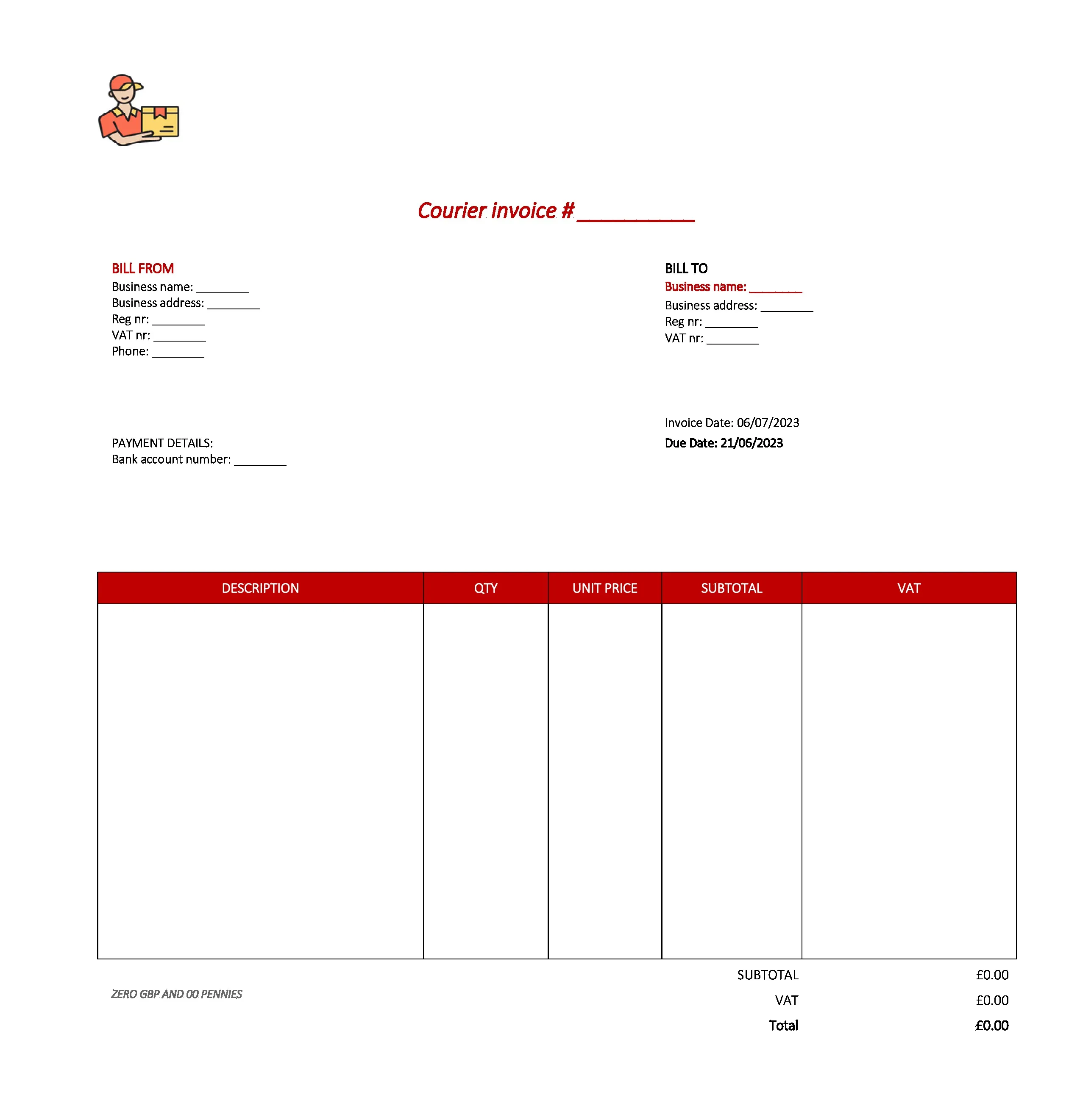 best courier invoice template UK Excel / Google sheets