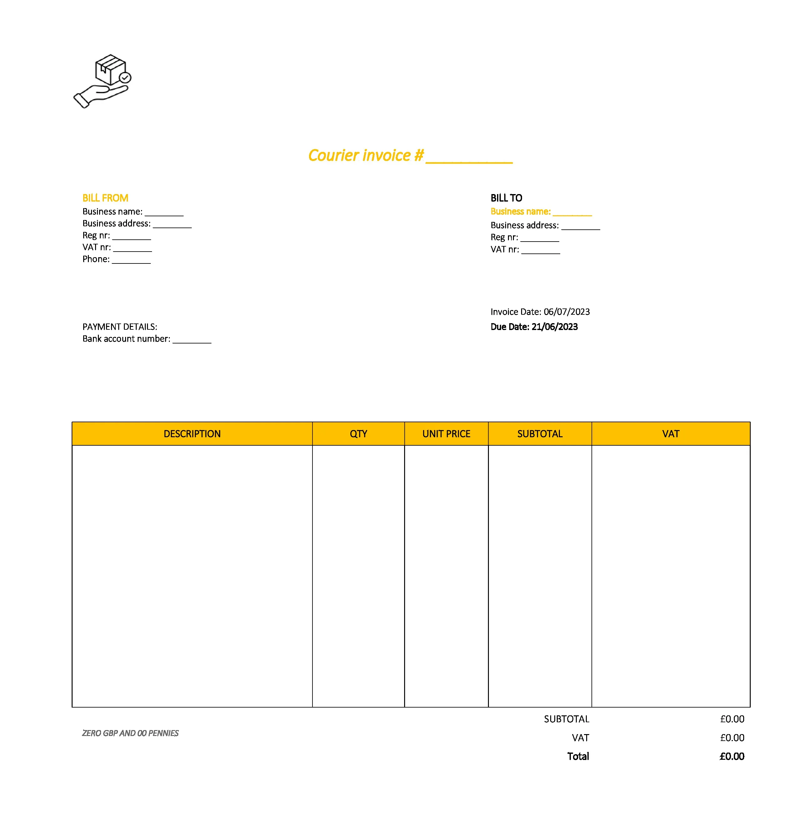 draft courier invoice template UK Excel / Google sheets