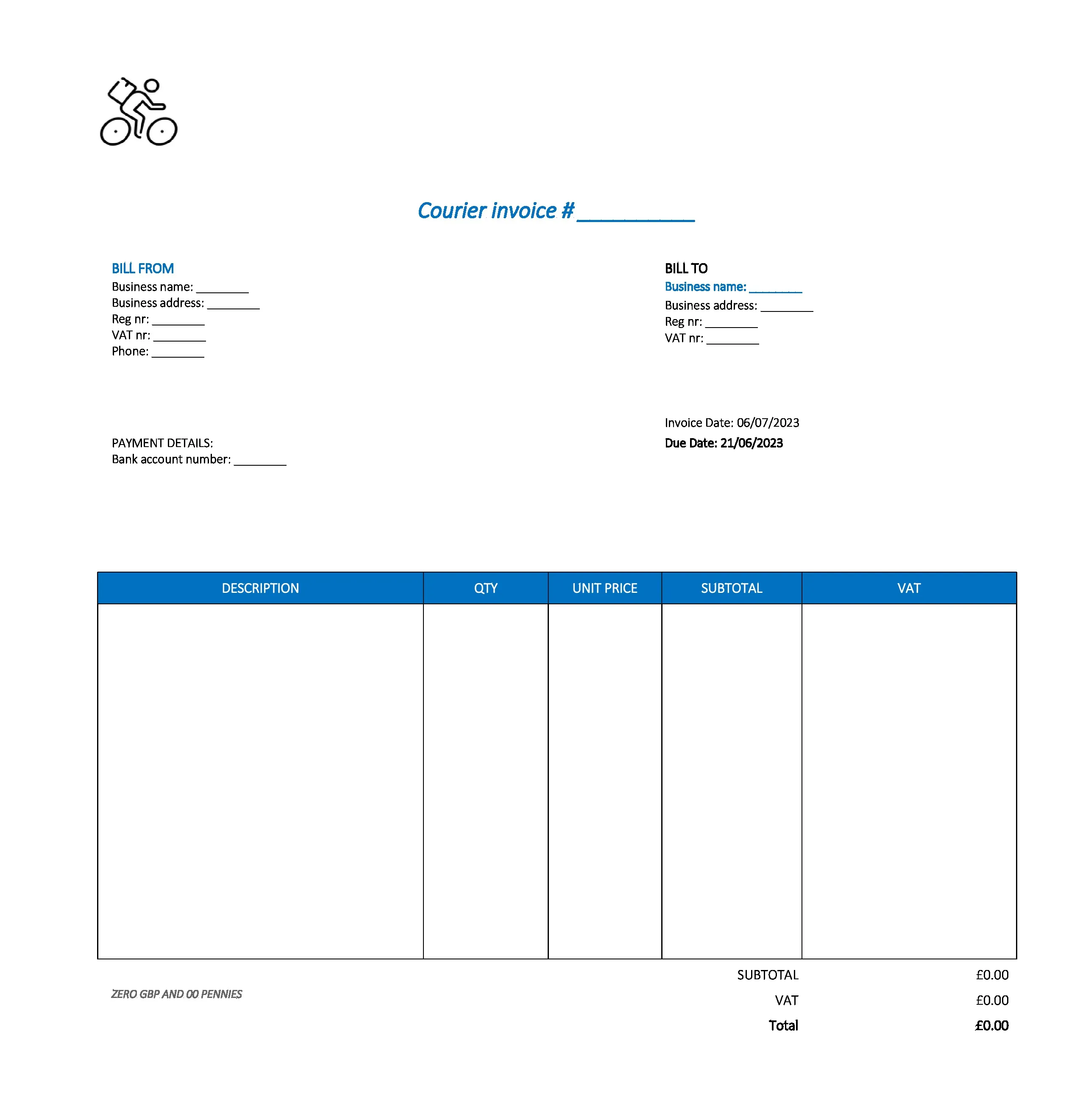 typical courier invoice template UK Excel / Google sheets