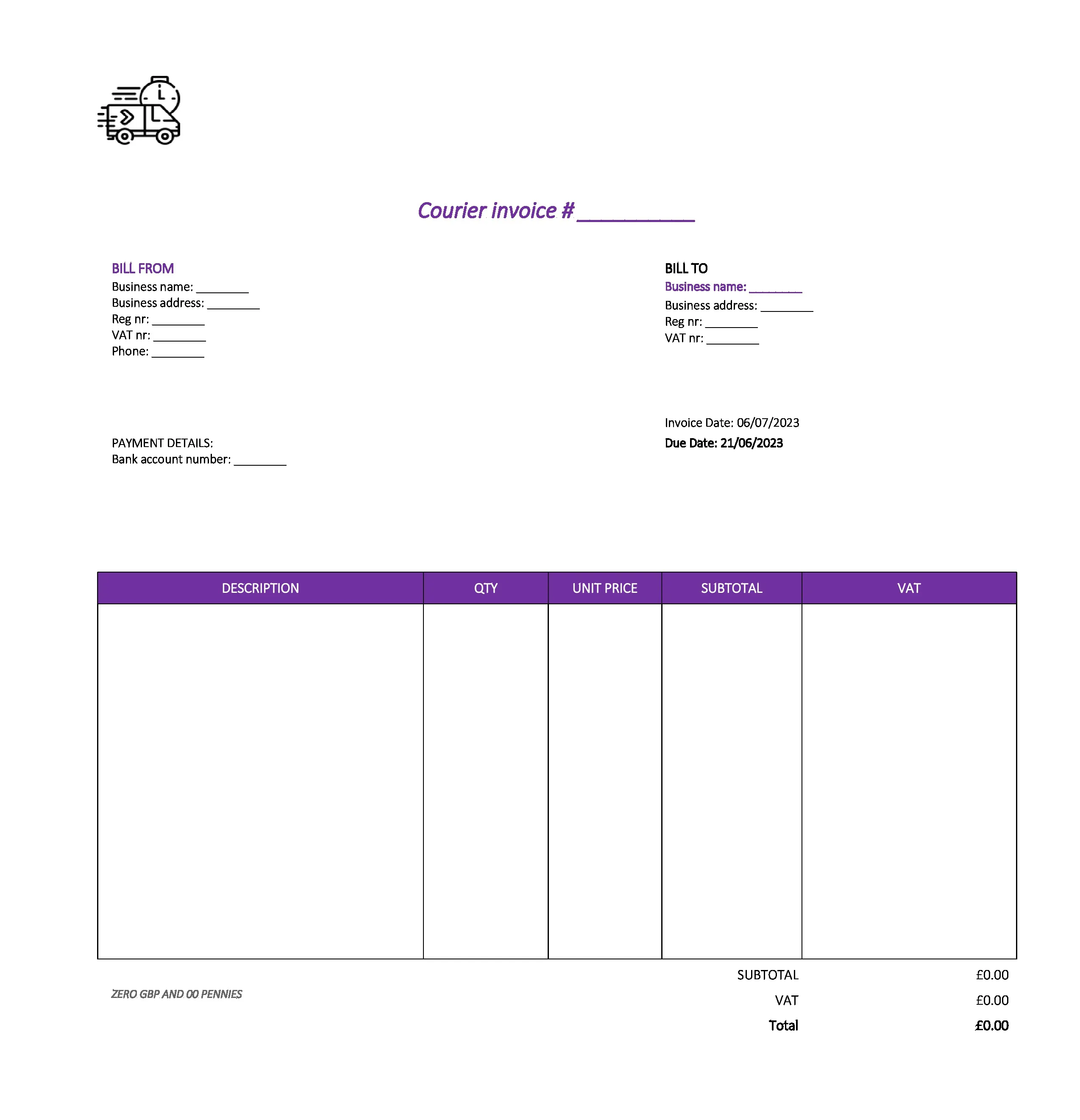 pretty courier invoice template UK Excel / Google sheets