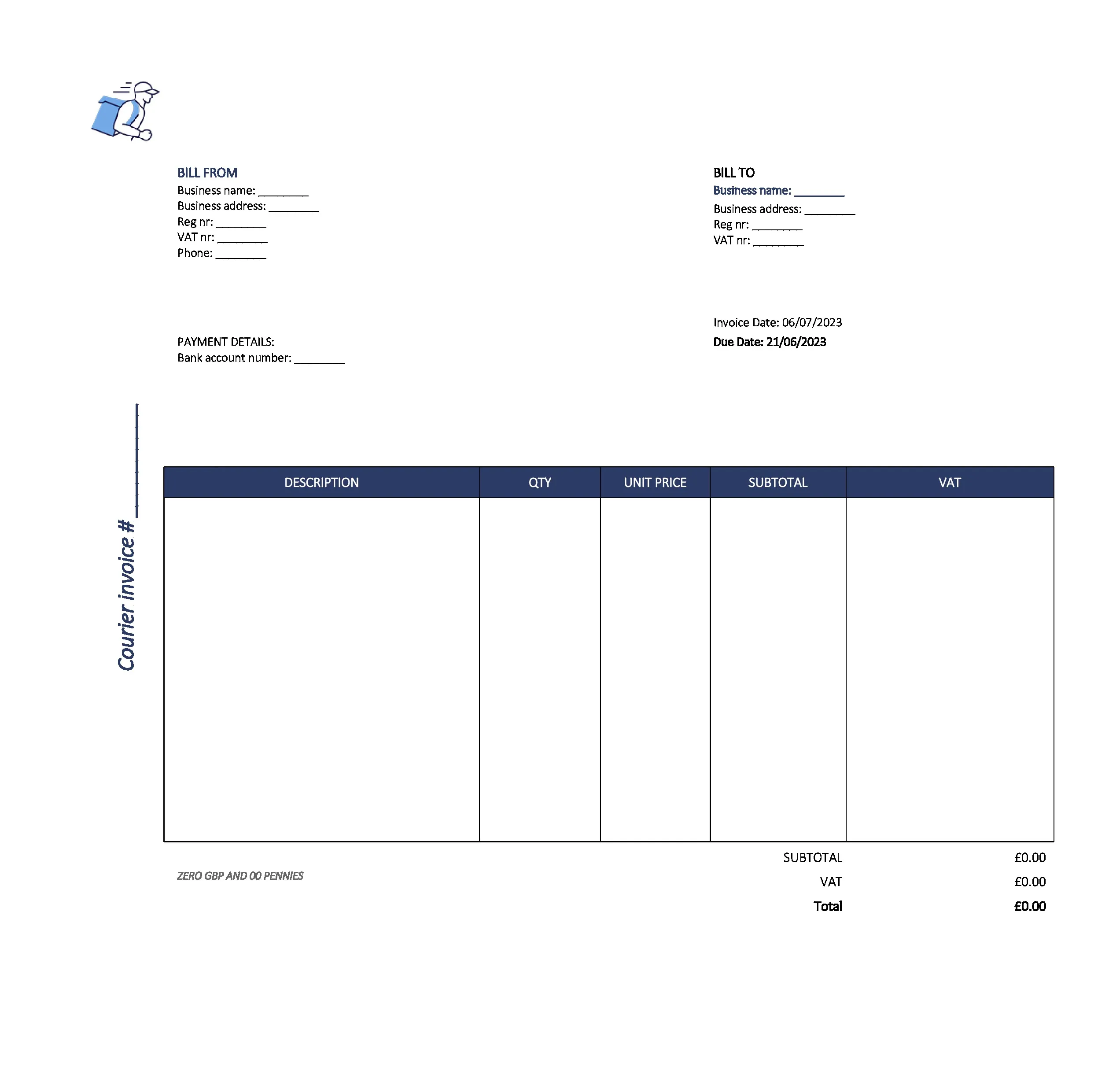 new courier invoice template UK Excel / Google sheets