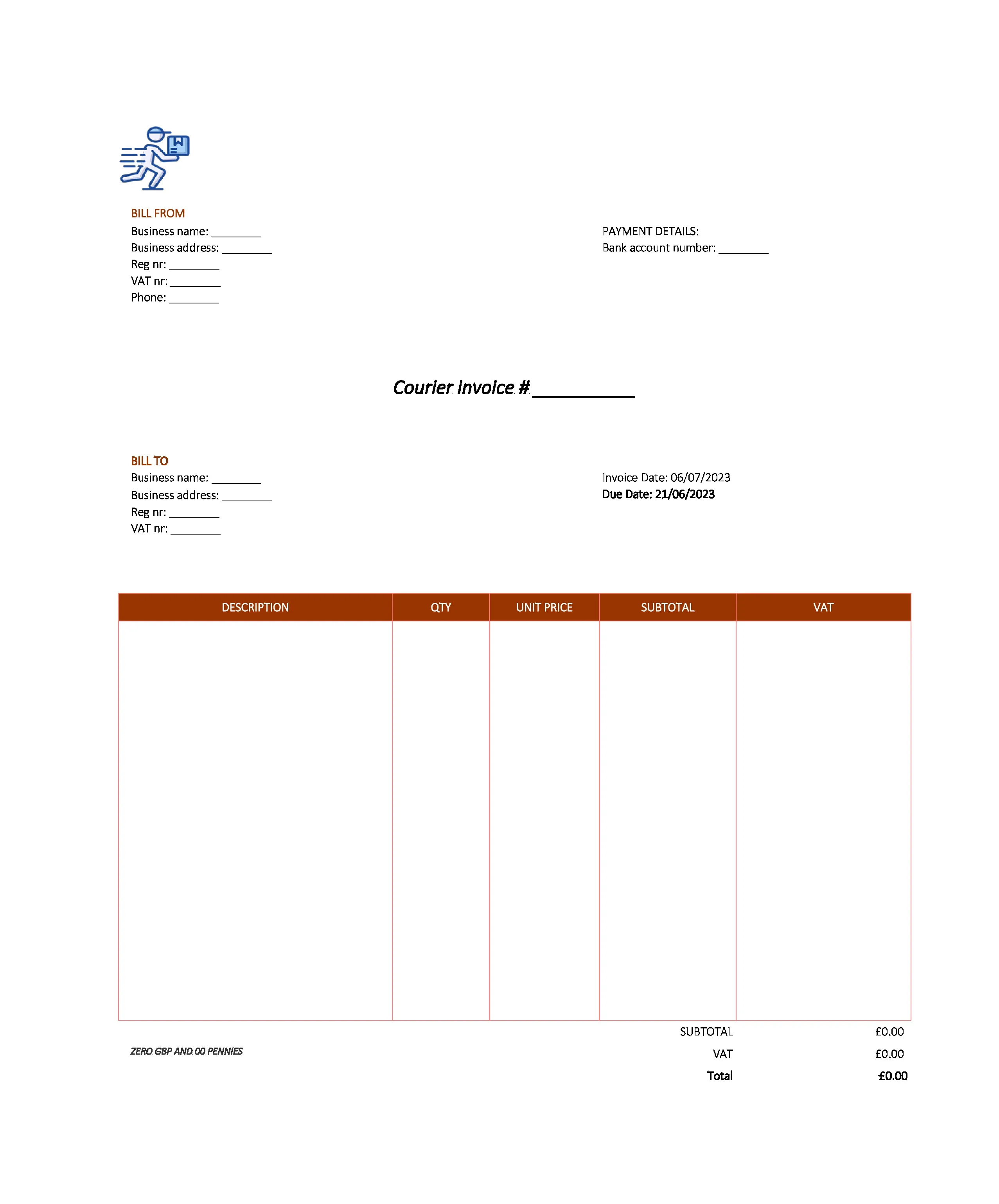 modern courier invoice template UK Excel / Google sheets