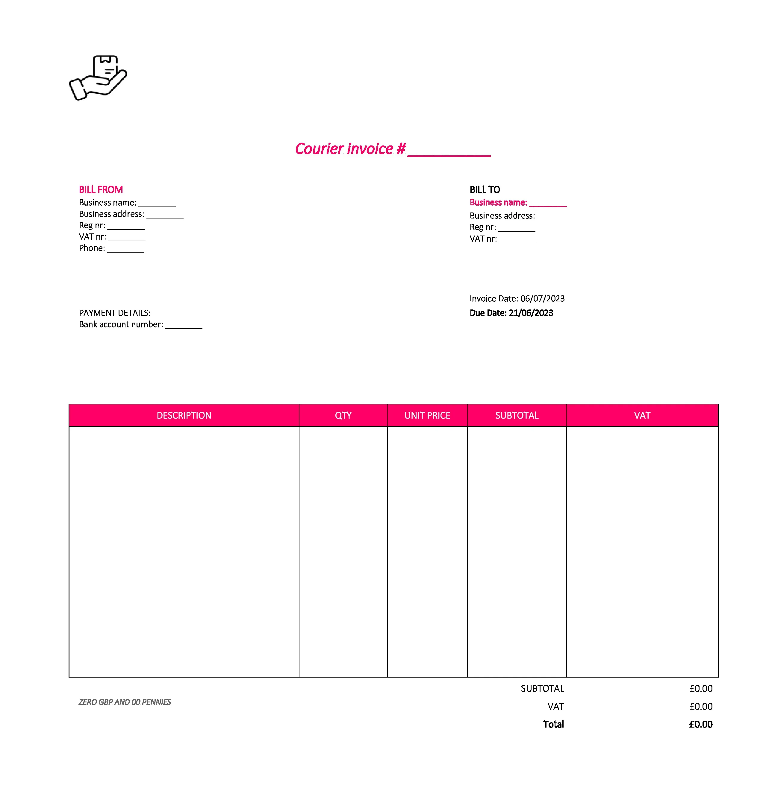 nice courier invoice template UK Excel / Google sheets