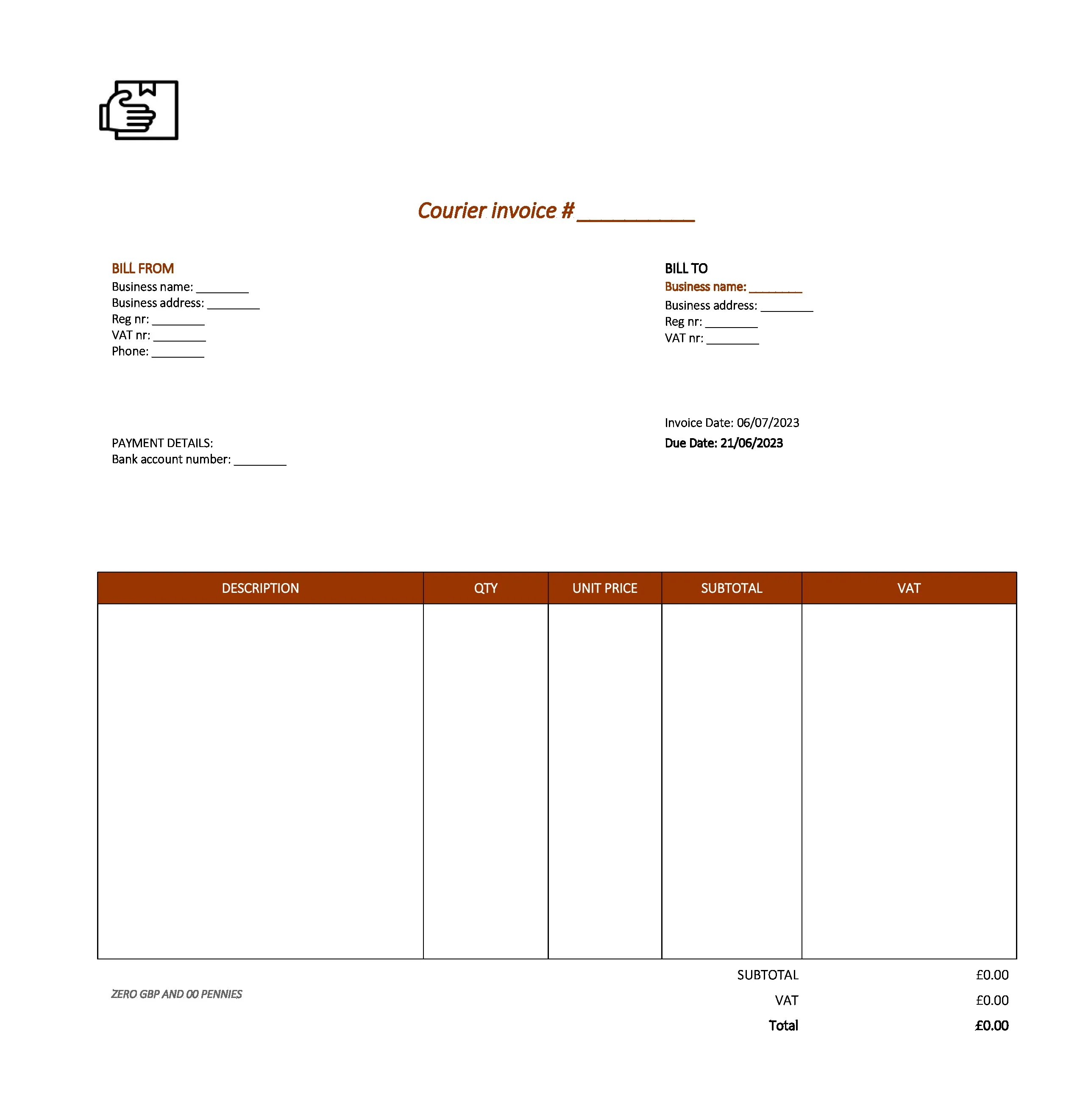 elegant courier invoice template UK Excel / Google sheets