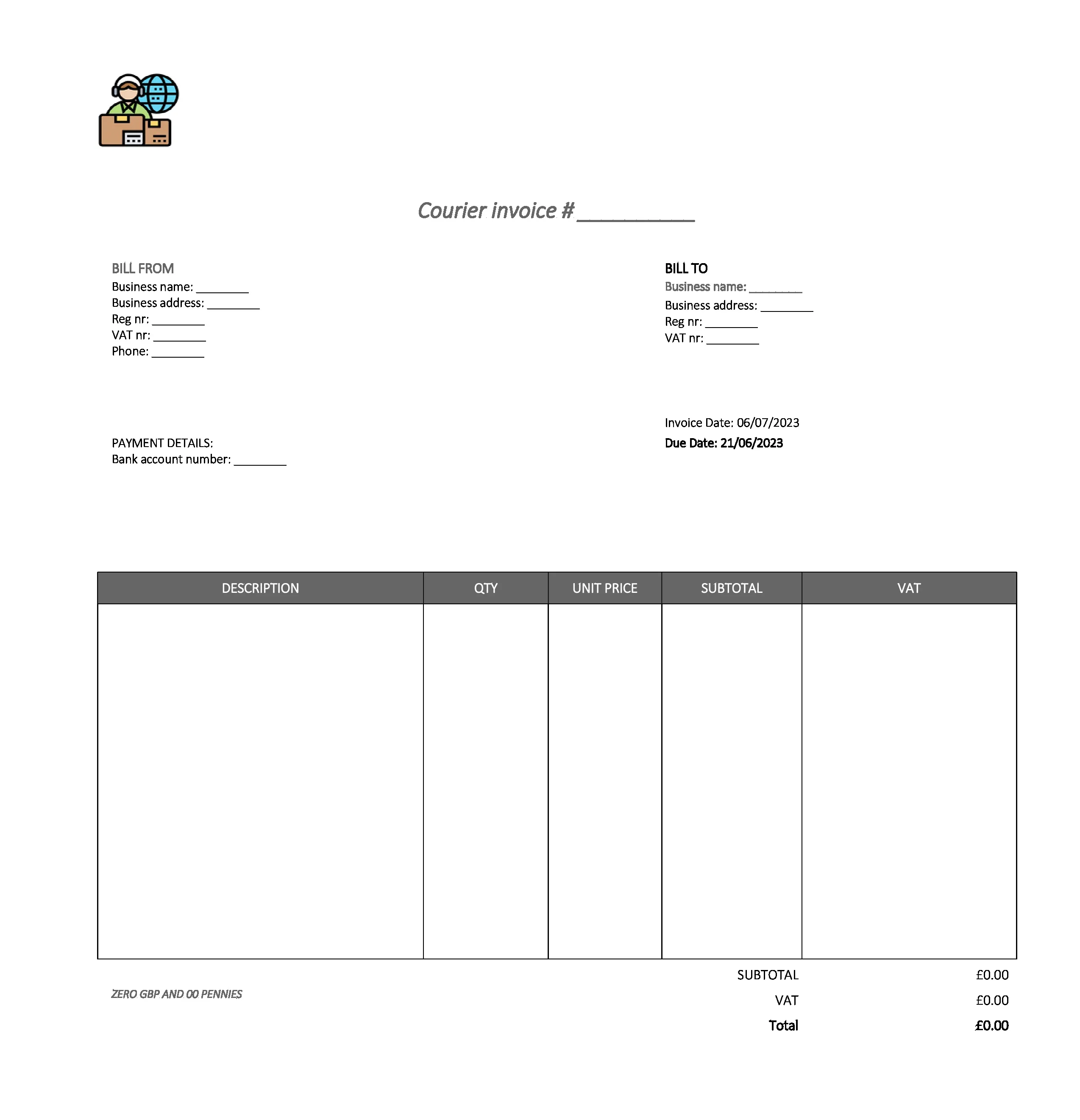 fancy courier invoice template UK Excel / Google sheets