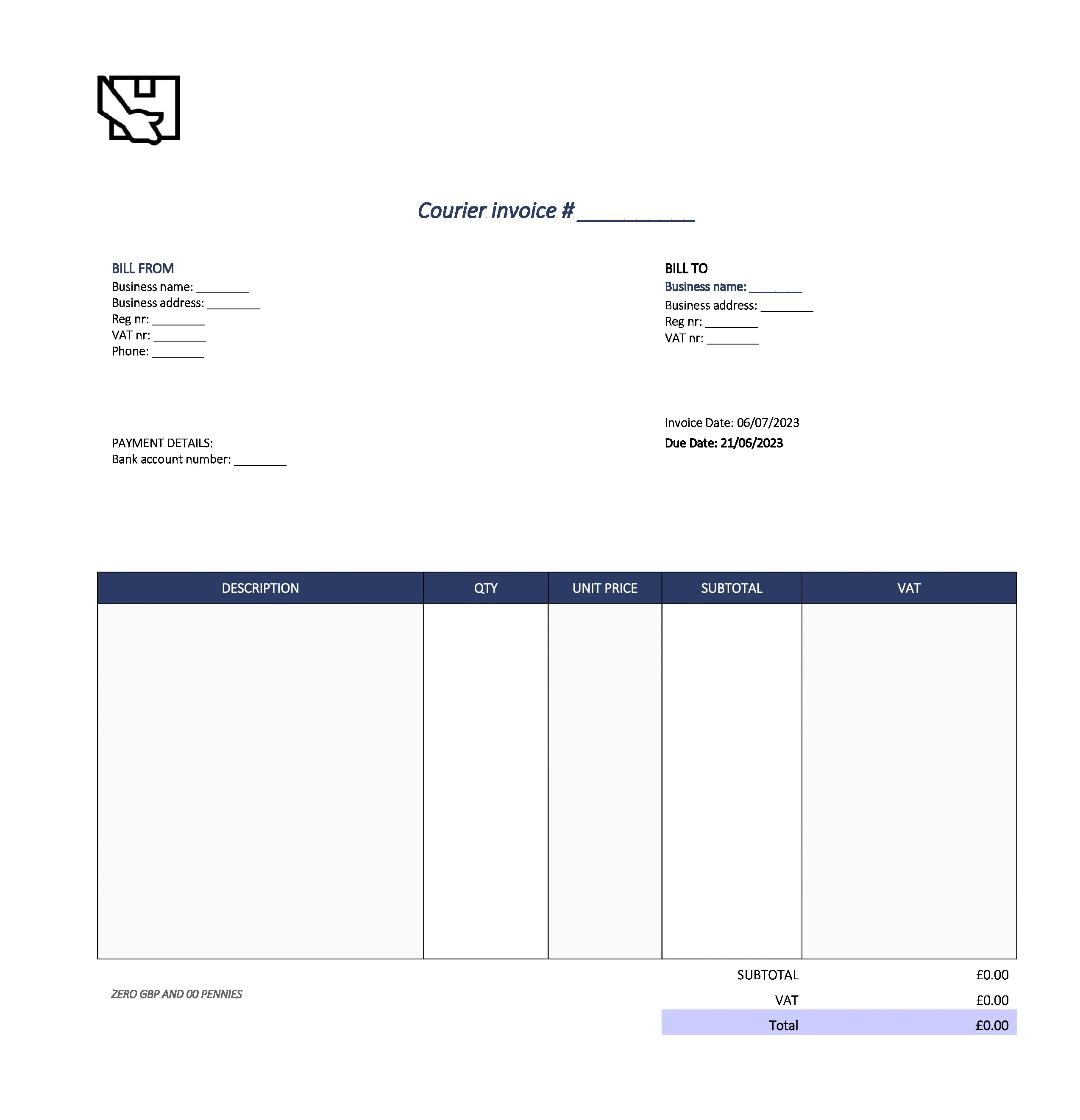 cute courier invoice template UK Excel / Google sheets