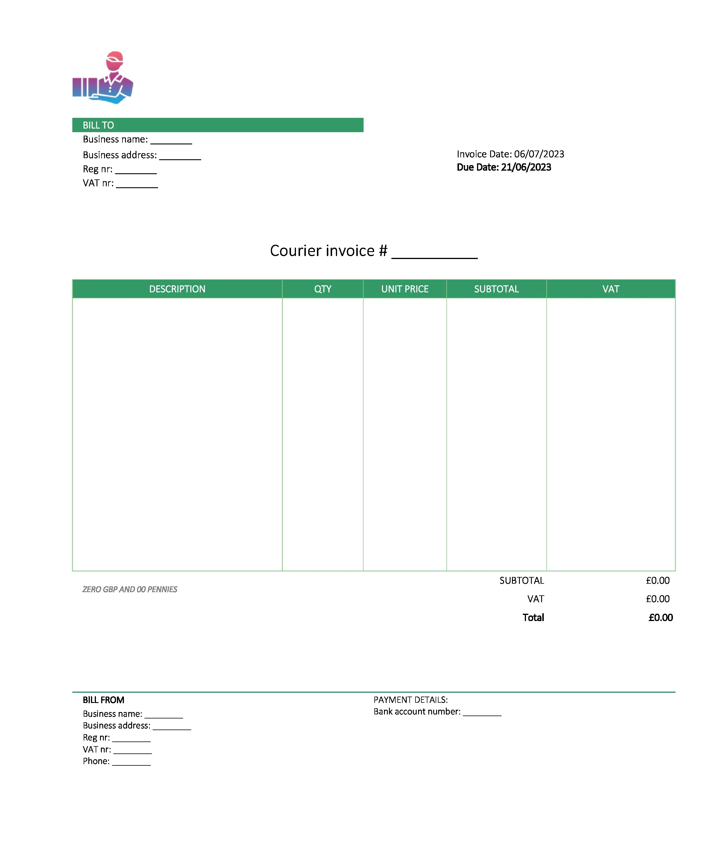 digital courier invoice template UK Excel / Google sheets