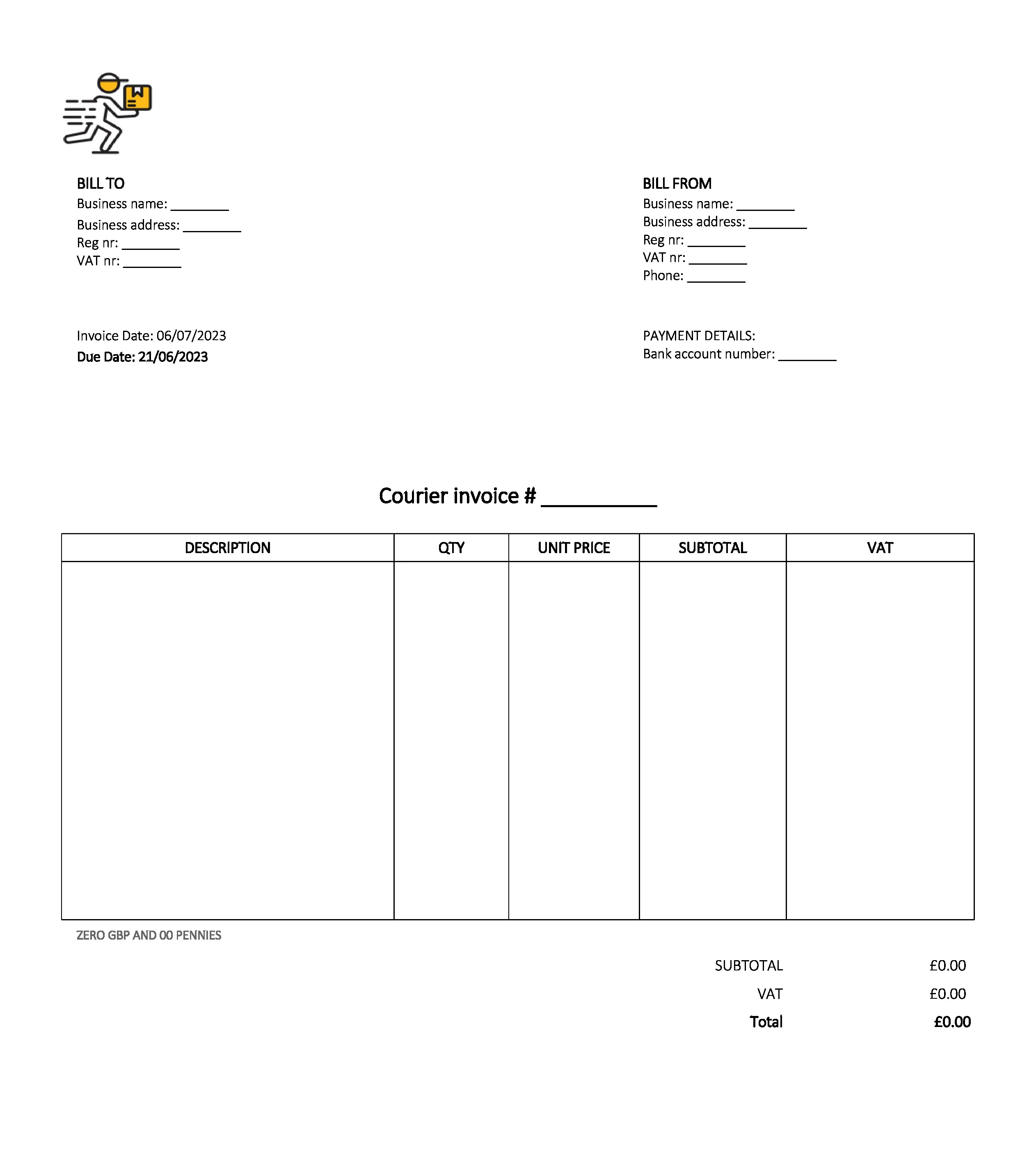 email deliverable courier invoice template UK Excel / Google sheets