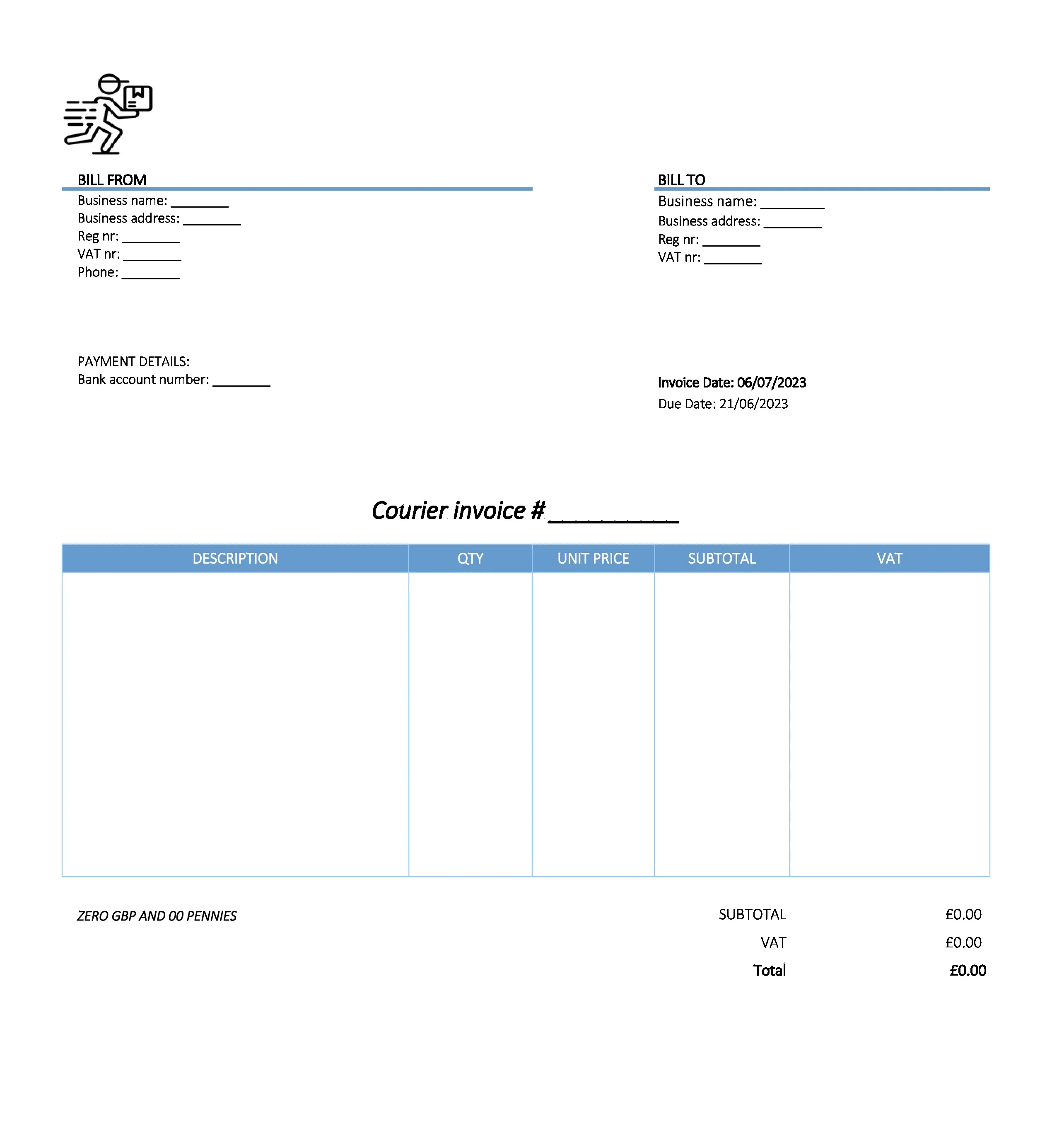 with bank details courier invoice template UK Excel / Google sheets