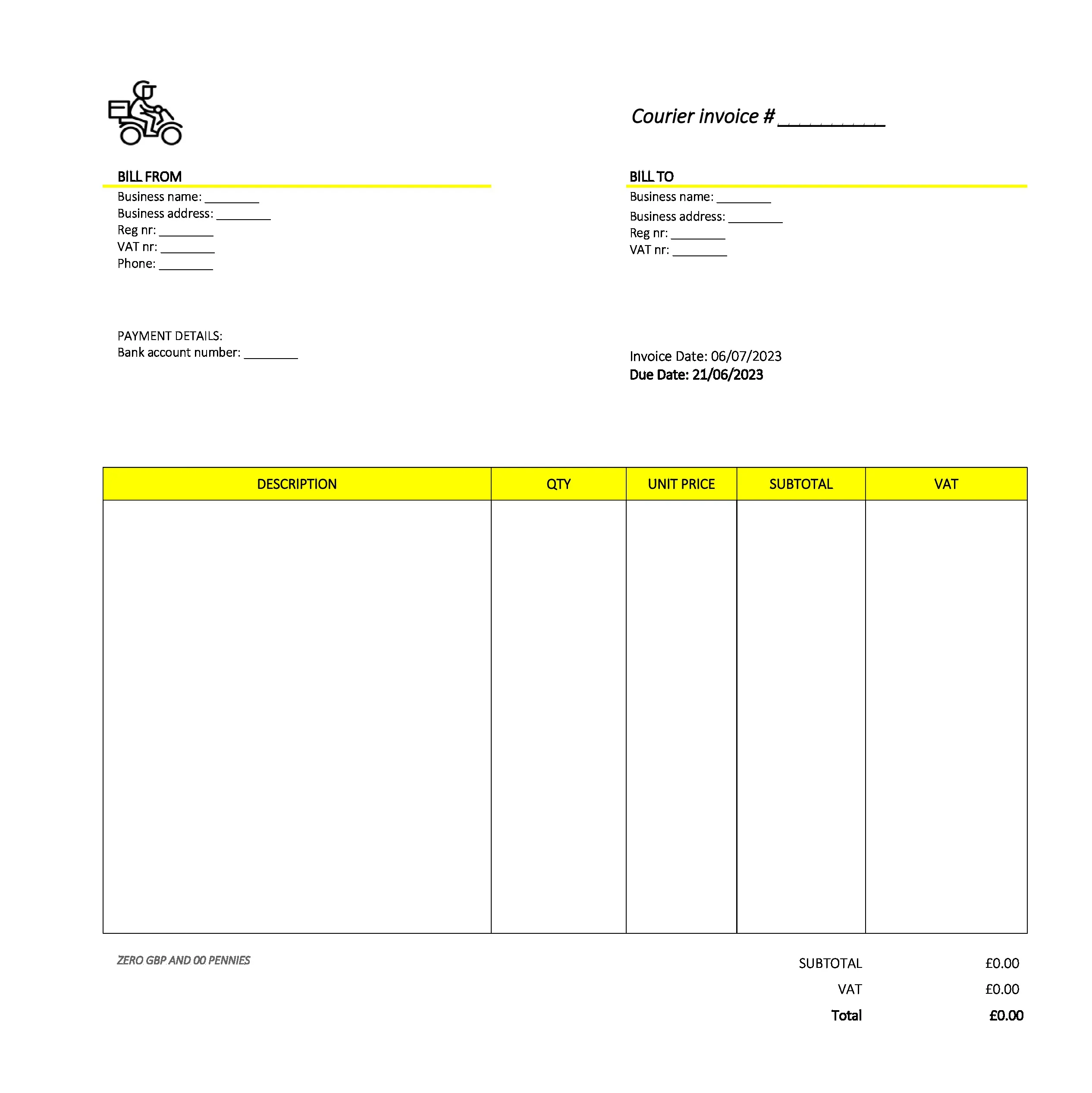 formal courier invoice template UK Excel / Google sheets