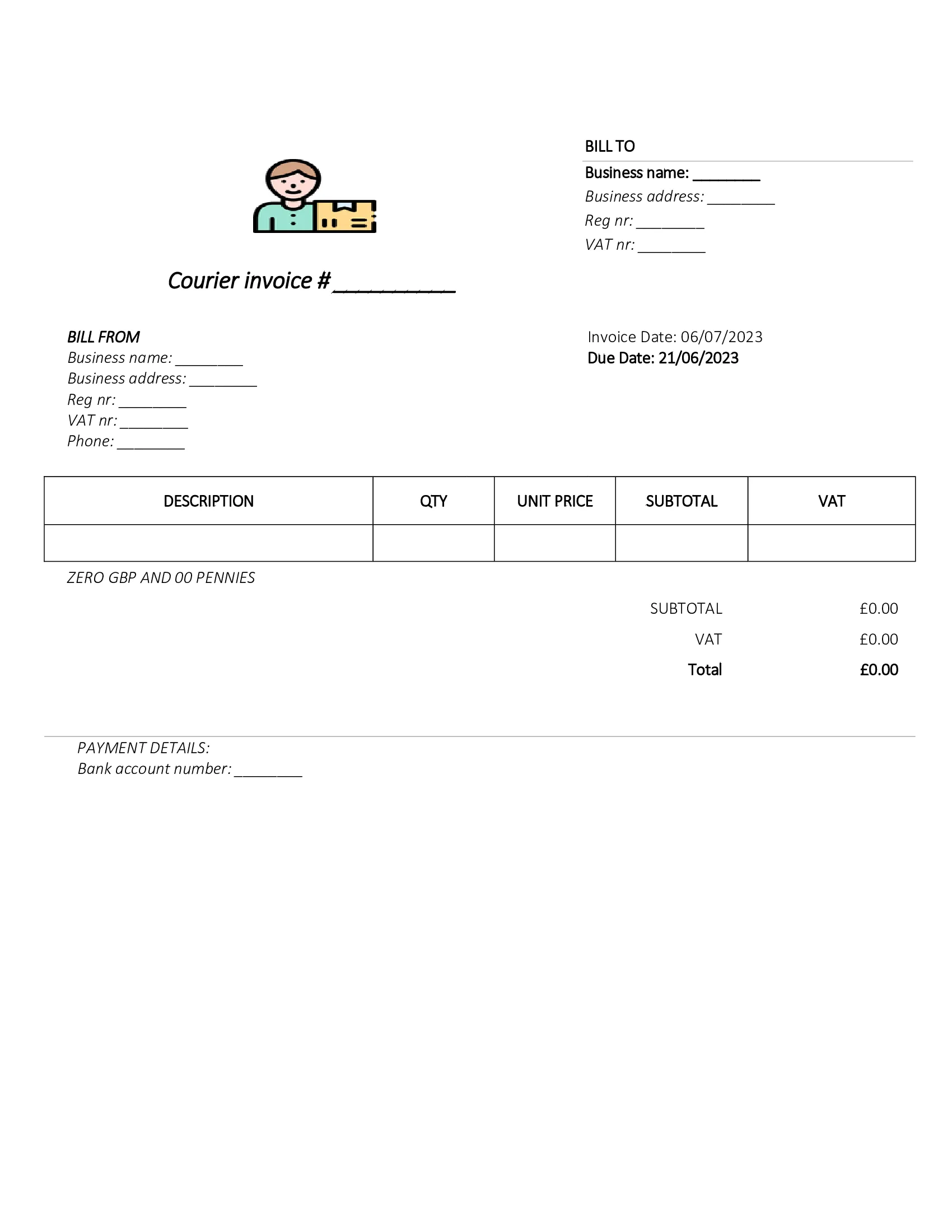 downloadable courier invoice template UK Word / Google docs