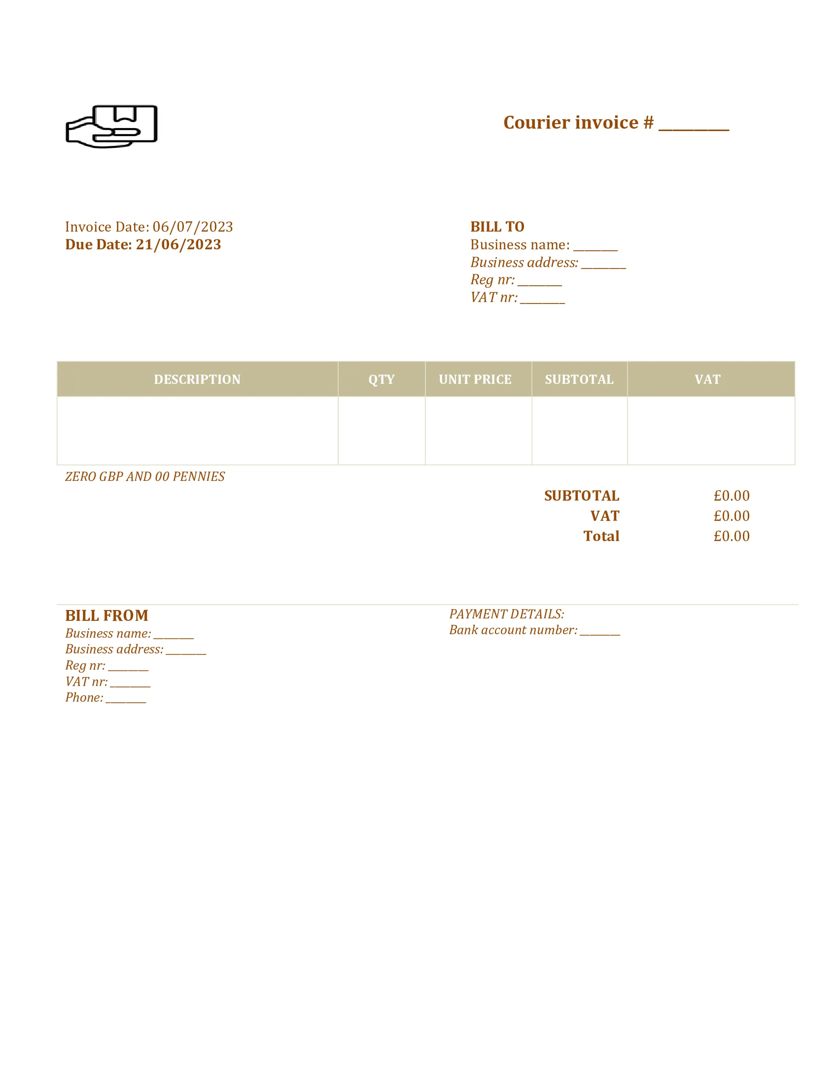 printable courier invoice template UK Word / Google docs