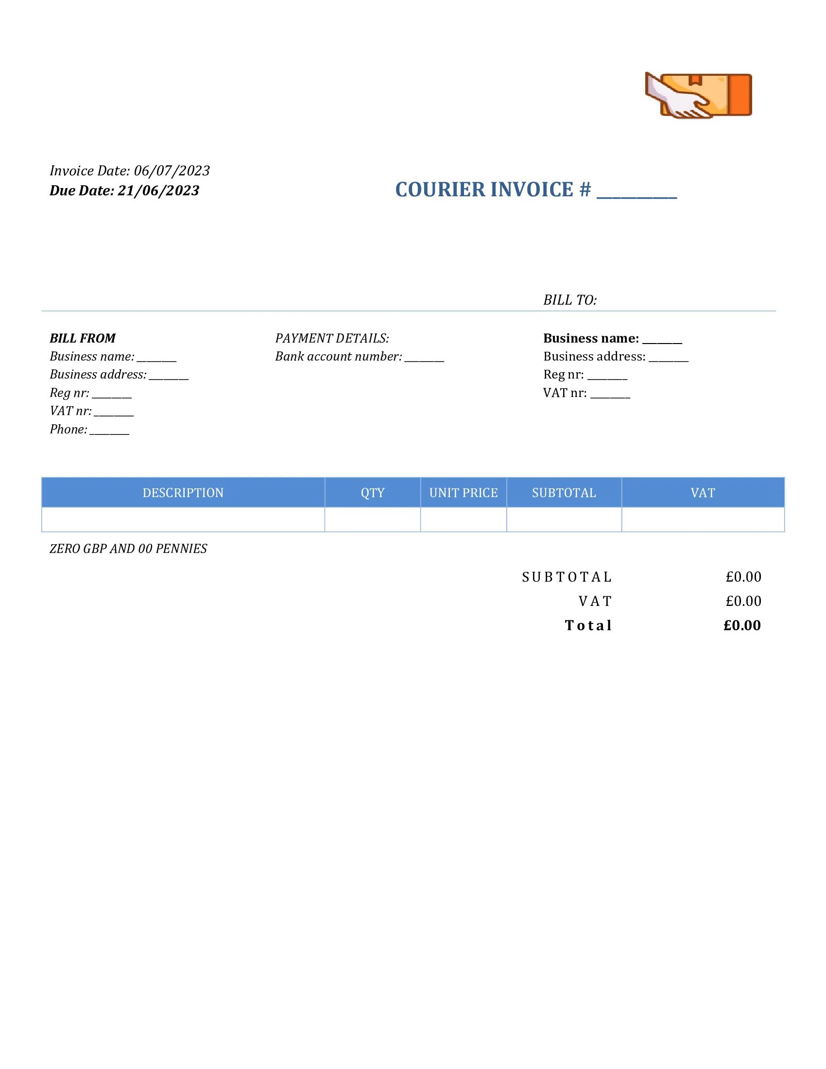 basic courier invoice template UK Word / Google docs