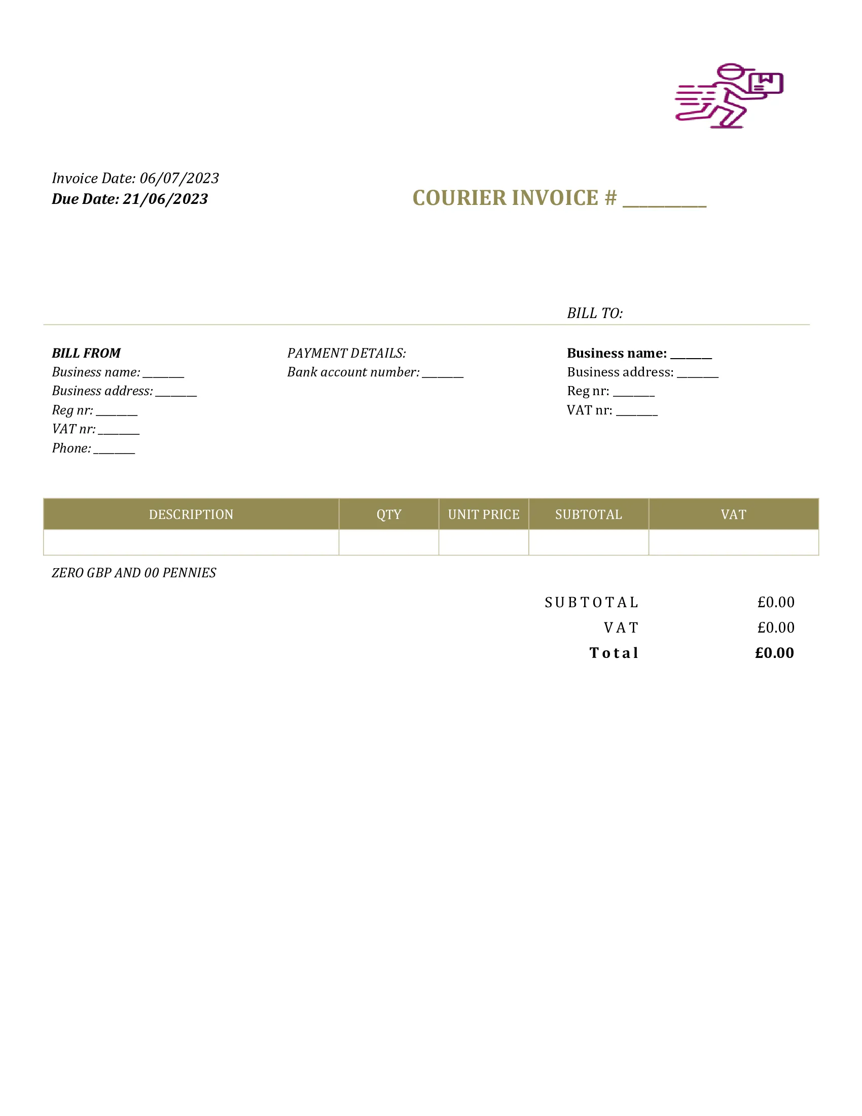 generic courier invoice template UK Word / Google docs