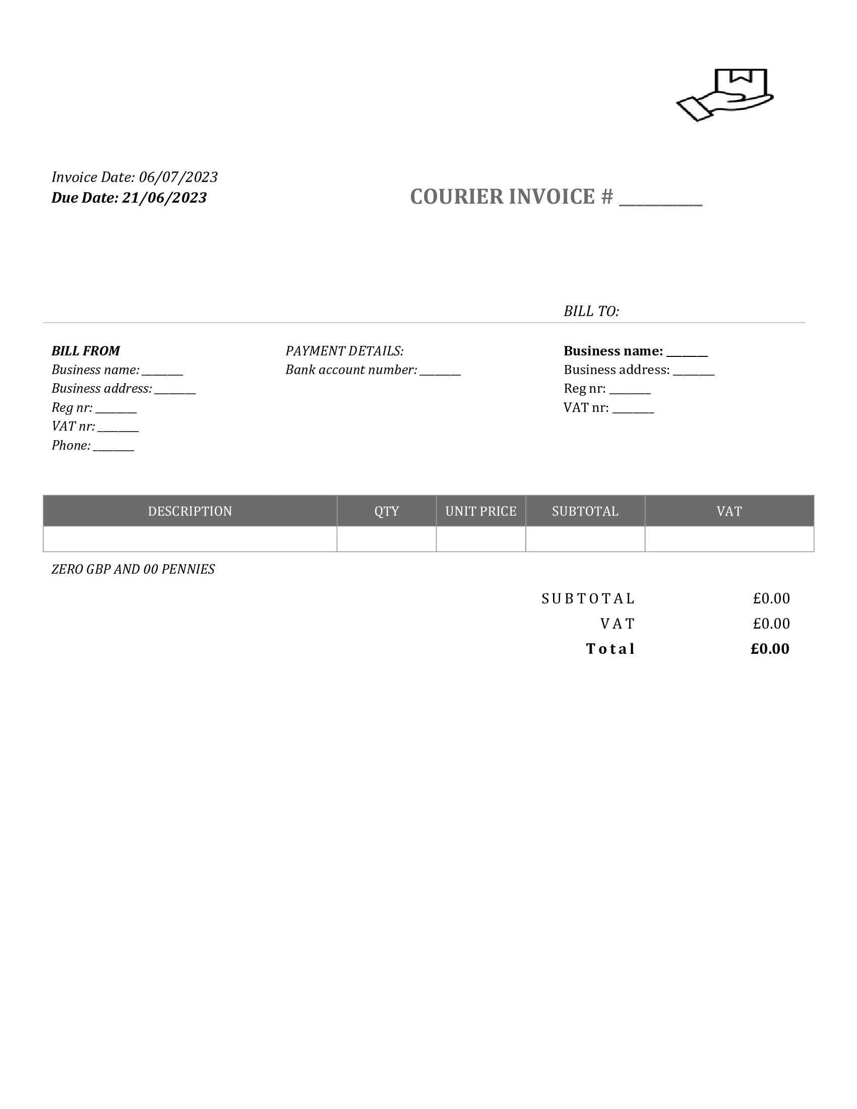 standart courier invoice template UK Word / Google docs