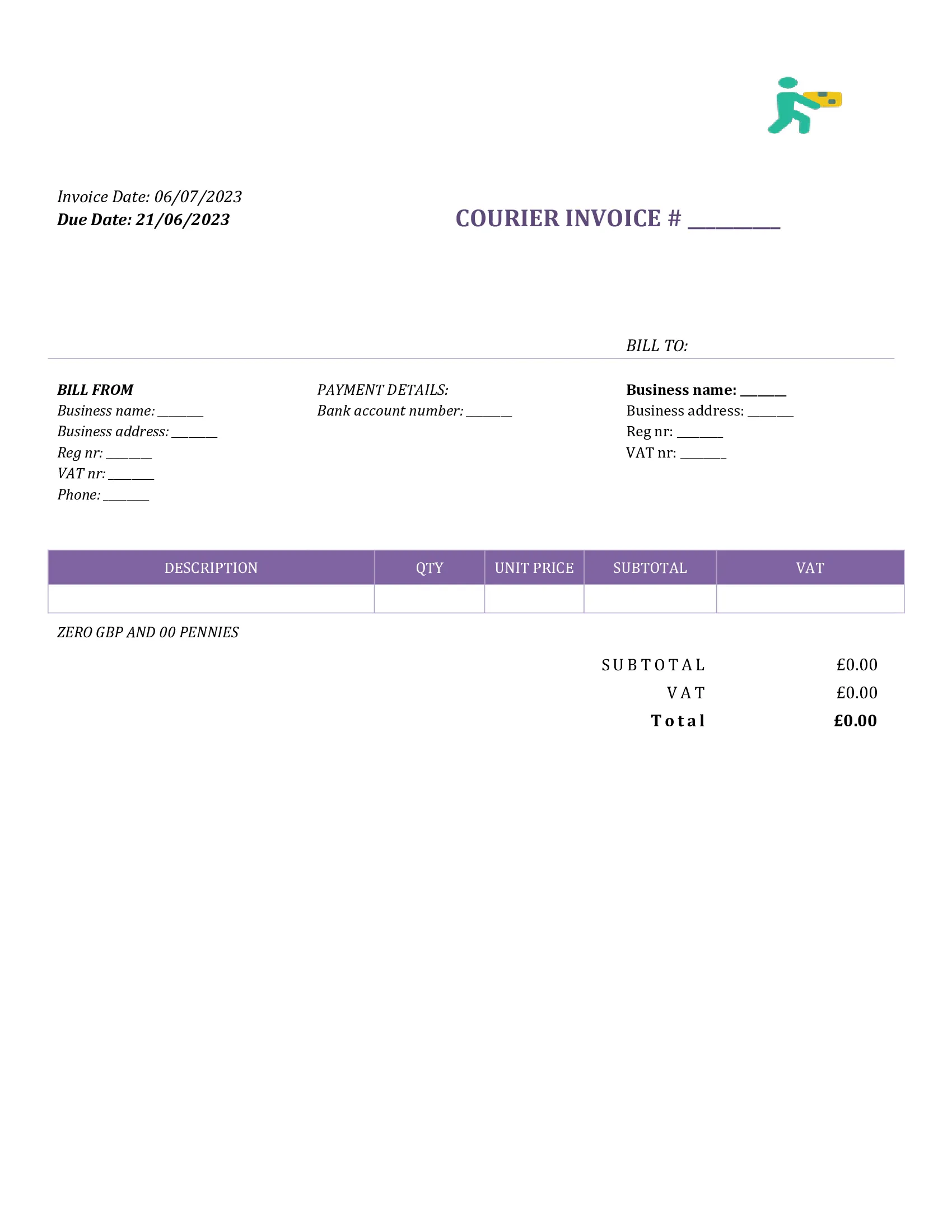fillable courier invoice template UK Word / Google docs