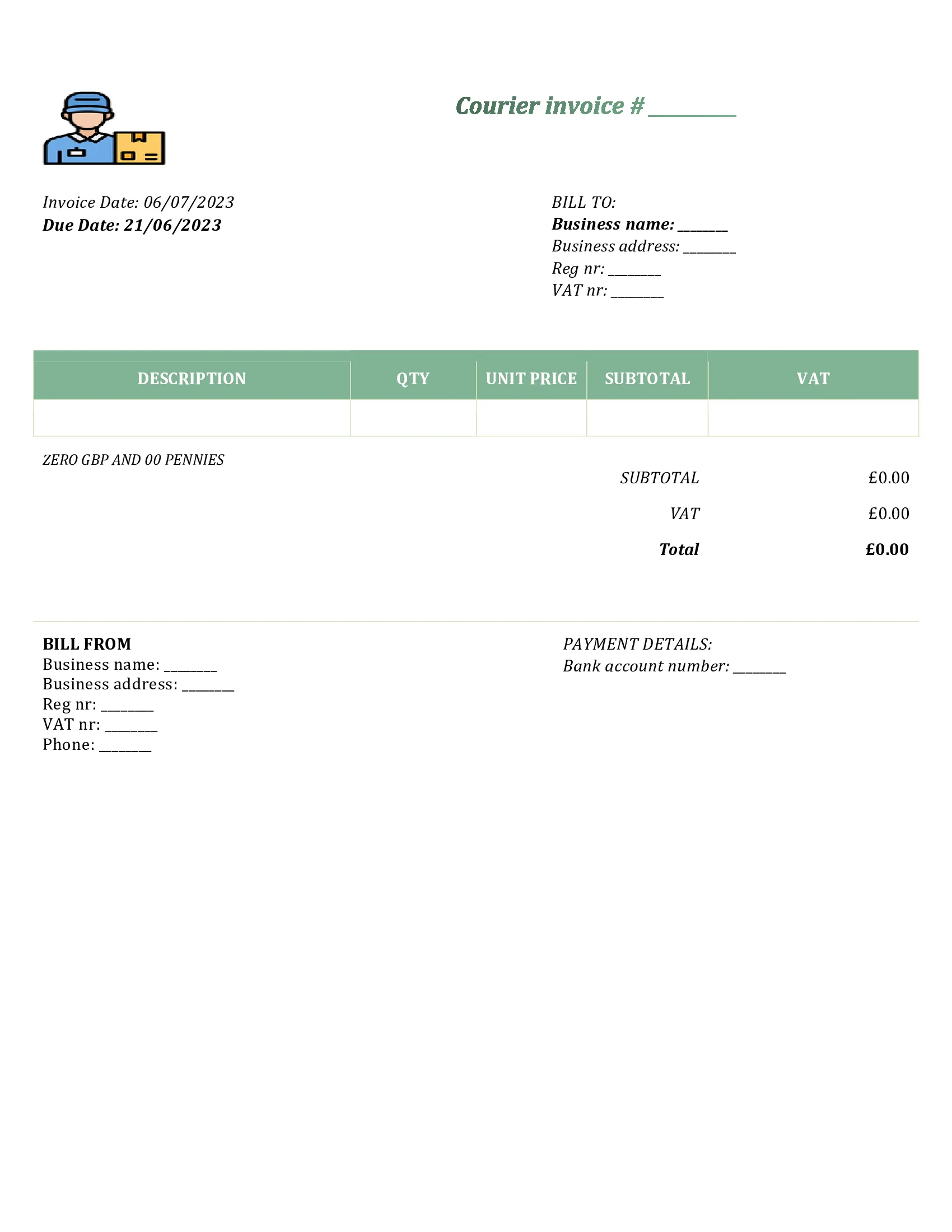 customizable courier invoice template UK Word / Google docs