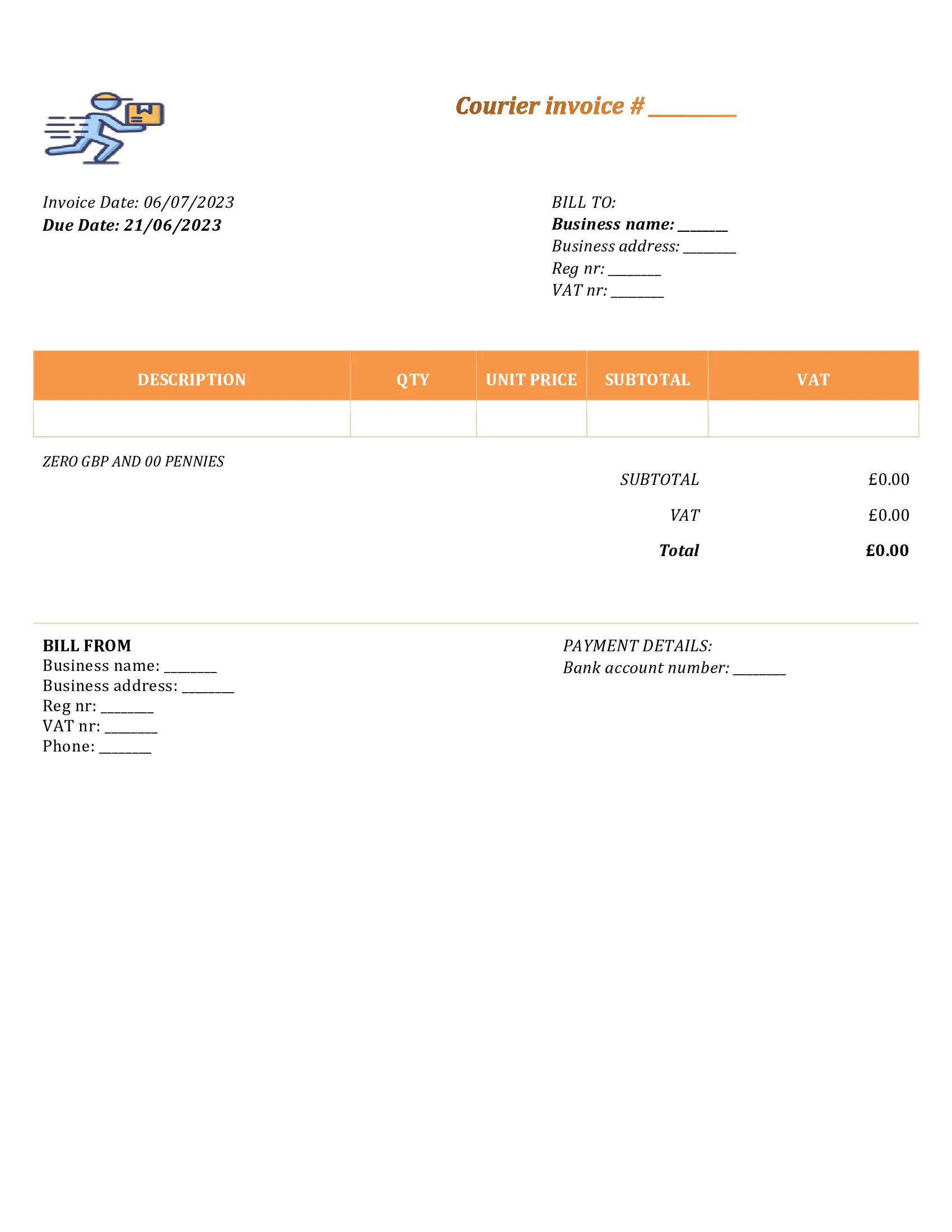 personal courier invoice template UK Word / Google docs