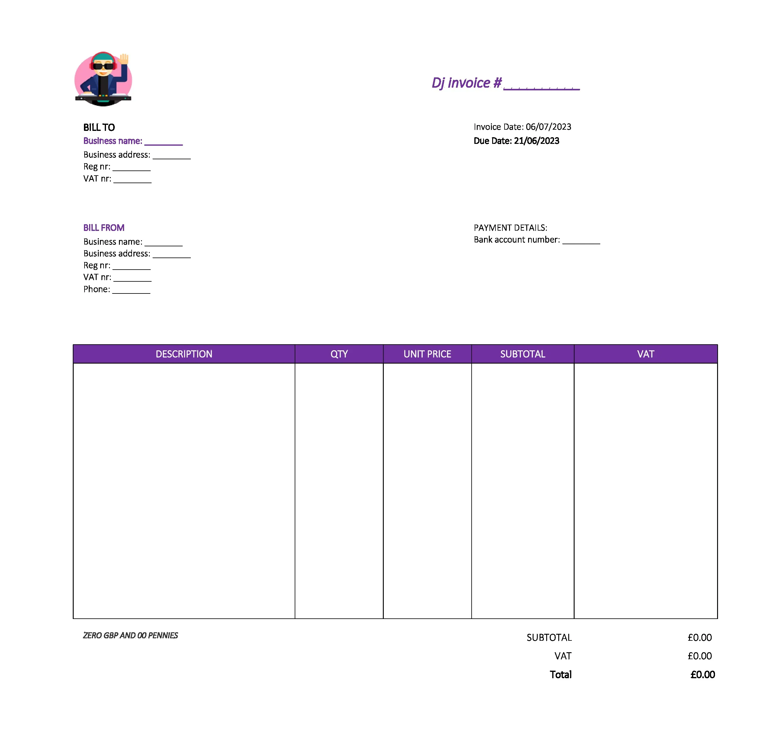 cool dj invoice template UK Excel / Google sheets