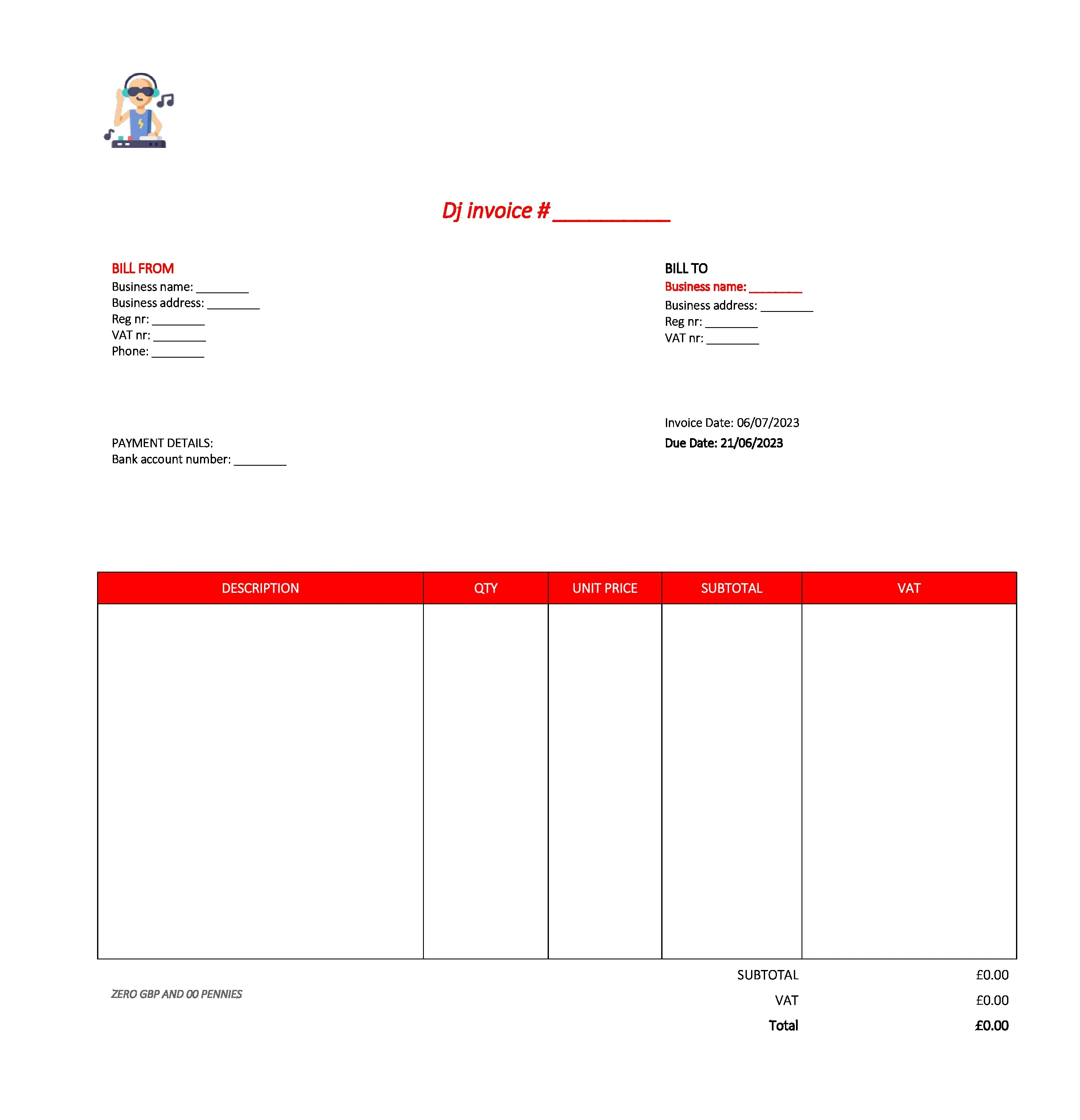professional dj invoice template UK Excel / Google sheets