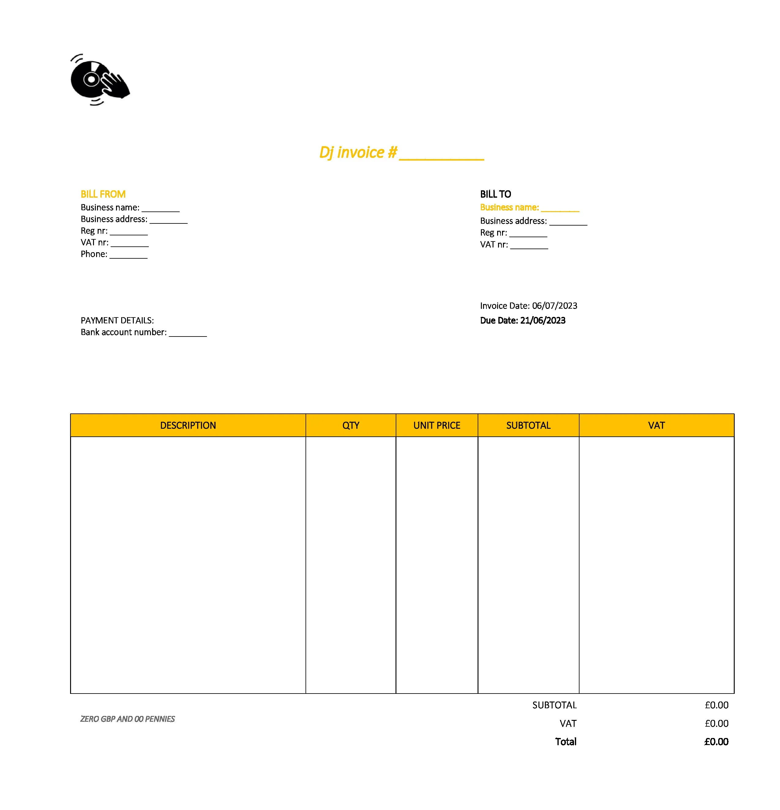 draft dj invoice template UK Excel / Google sheets