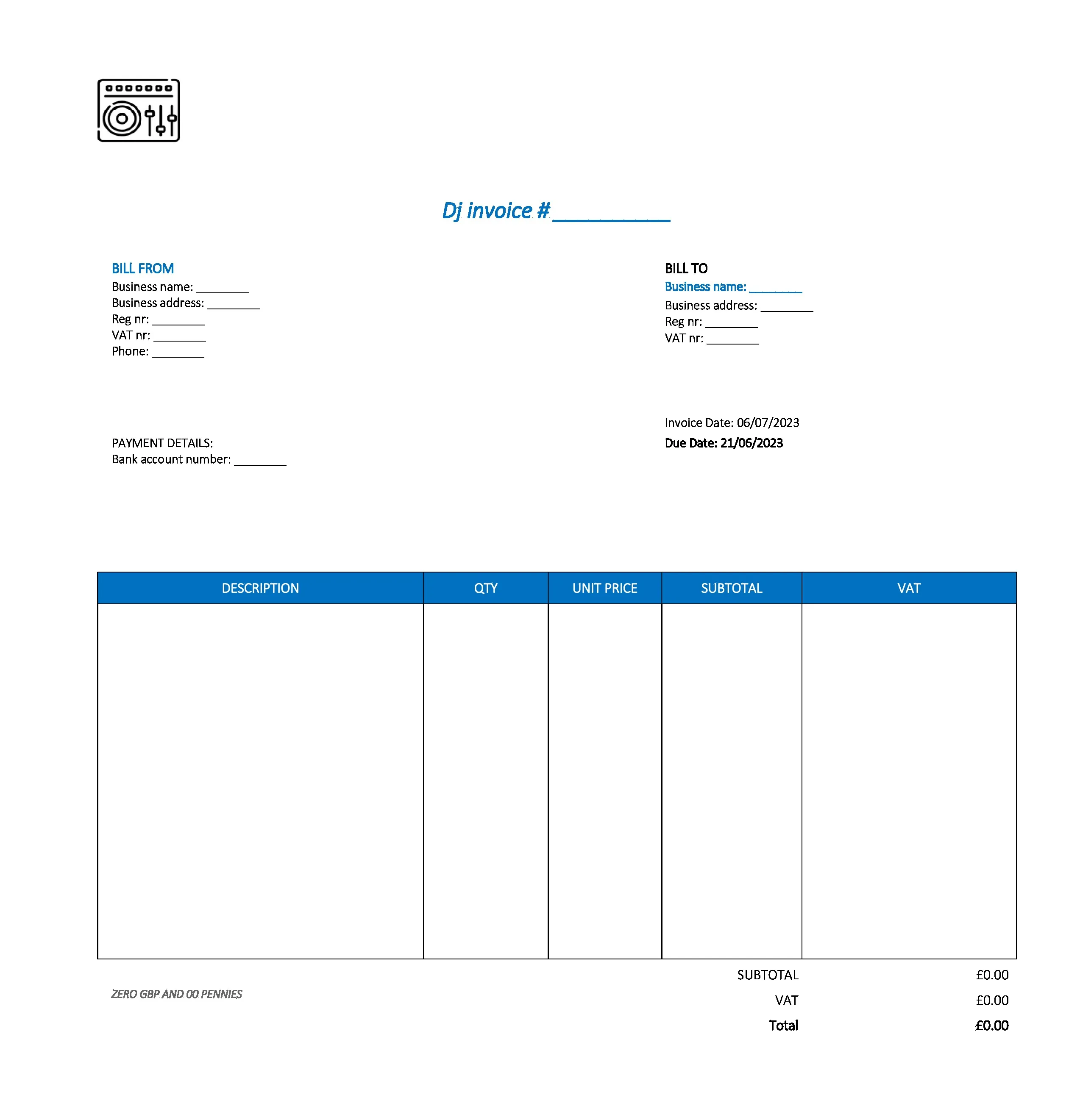 typical dj invoice template UK Excel / Google sheets