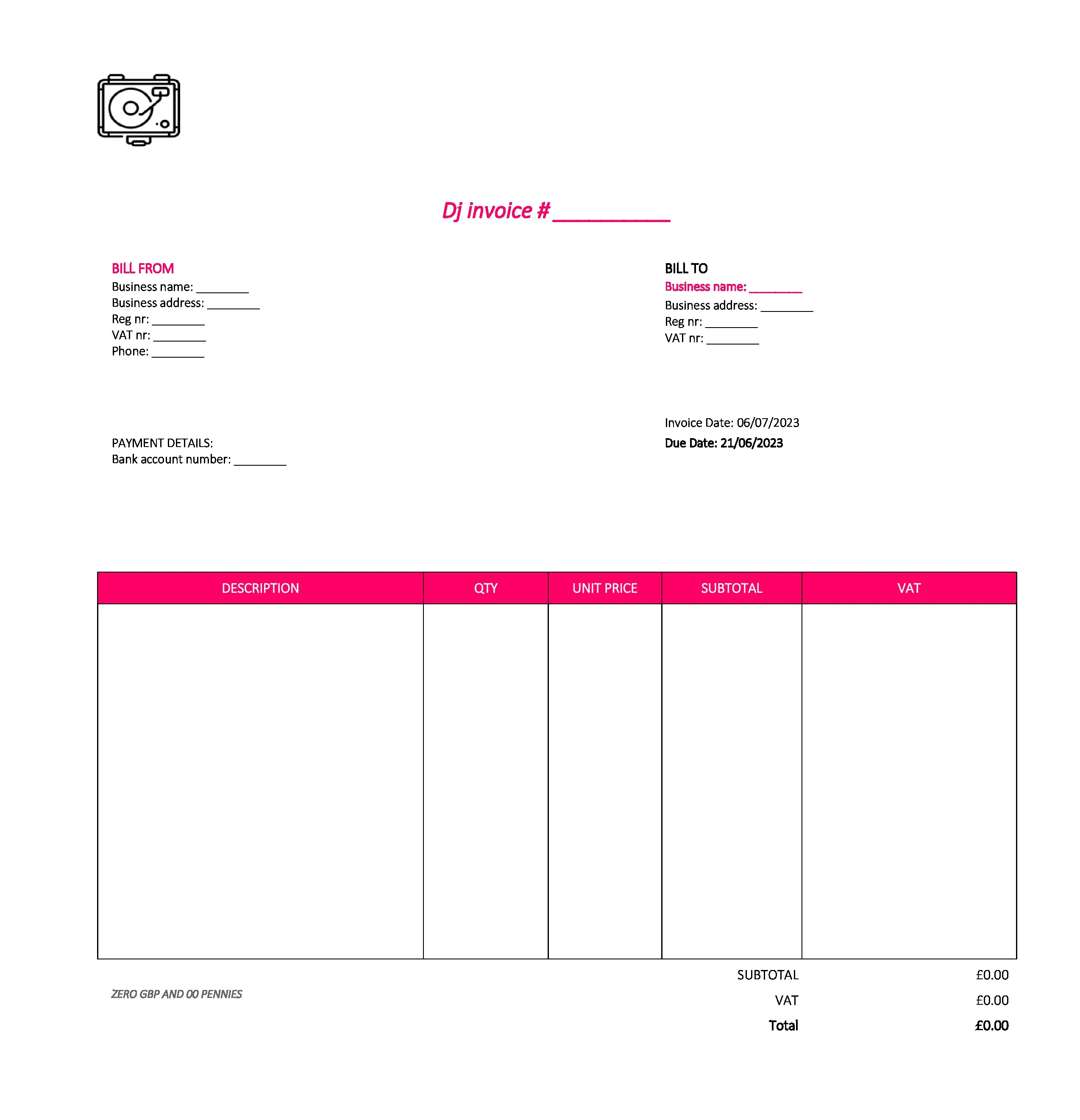 nice dj invoice template UK Excel / Google sheets