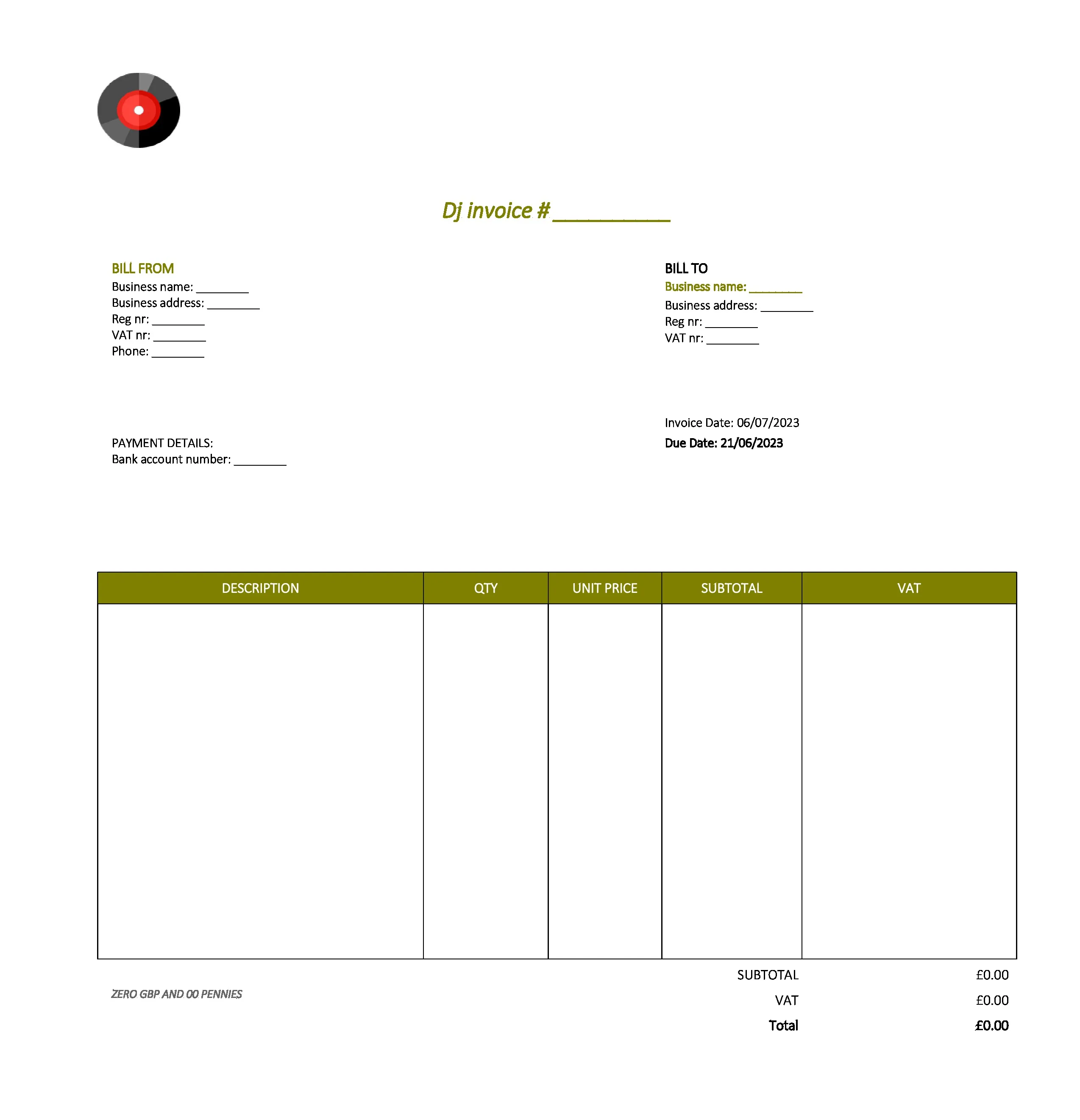 minimalist dj invoice template UK Excel / Google sheets