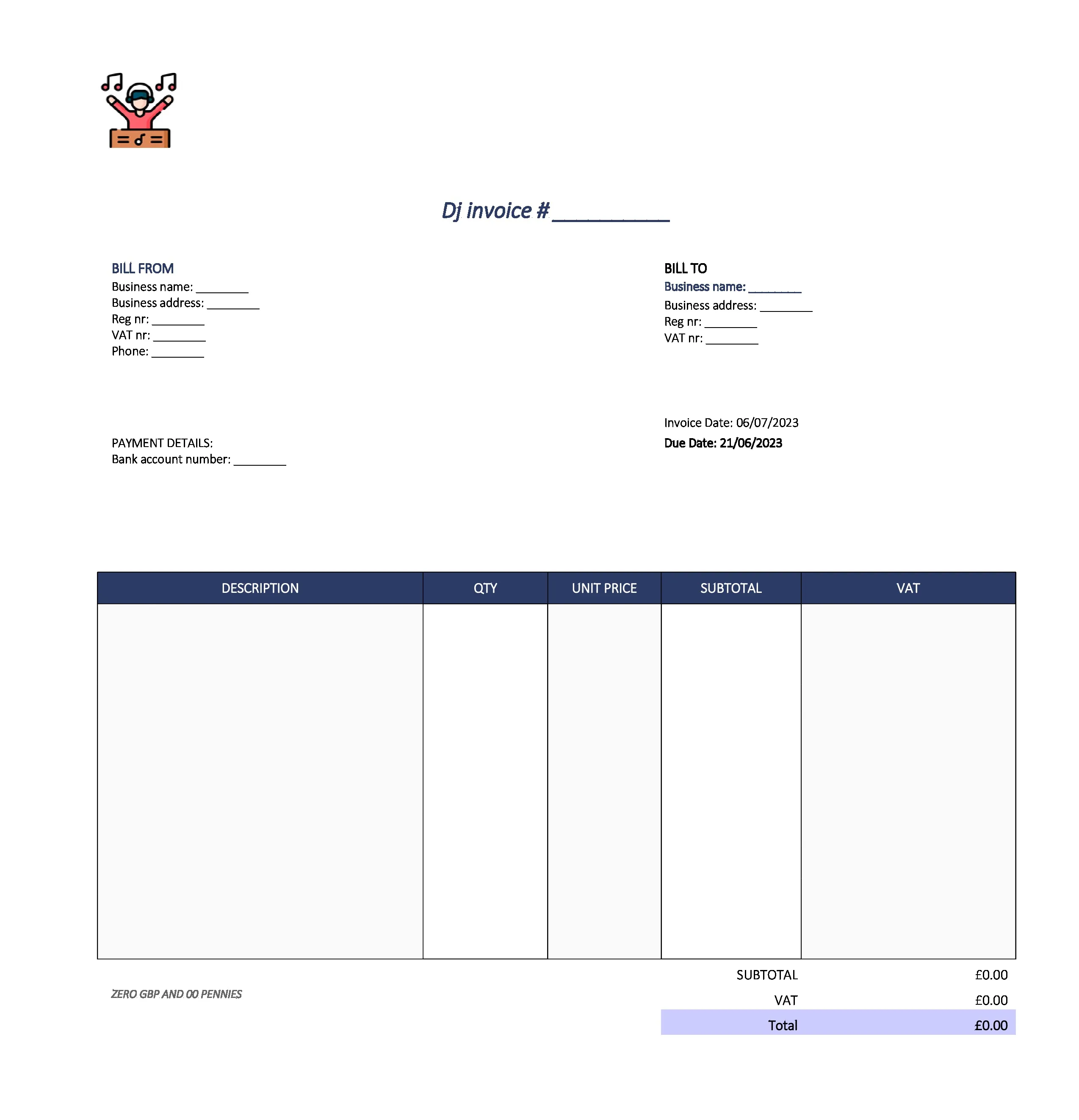 cute dj invoice template UK Excel / Google sheets