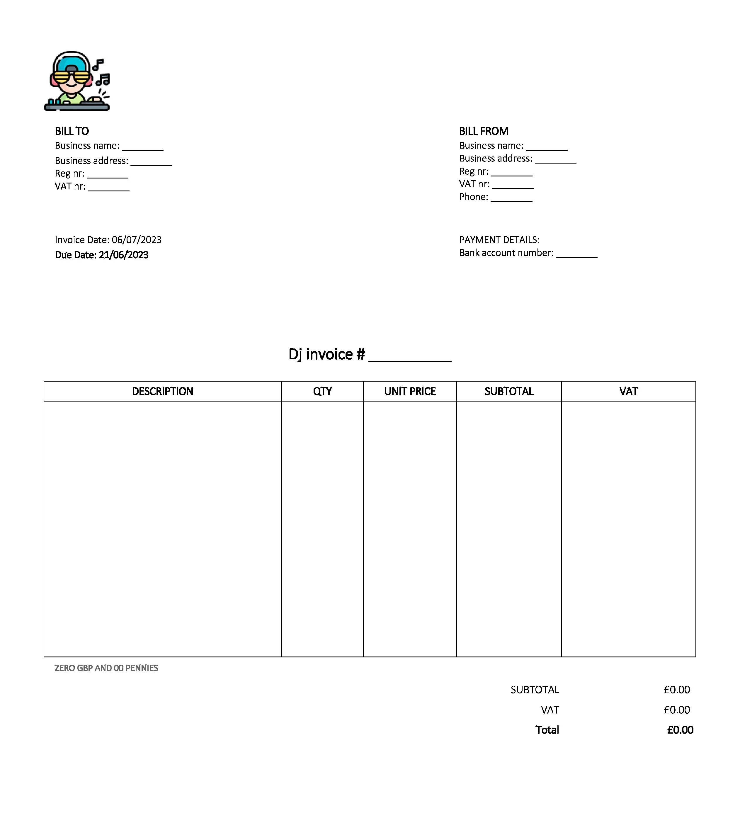 email deliverable dj invoice template UK Excel / Google sheets